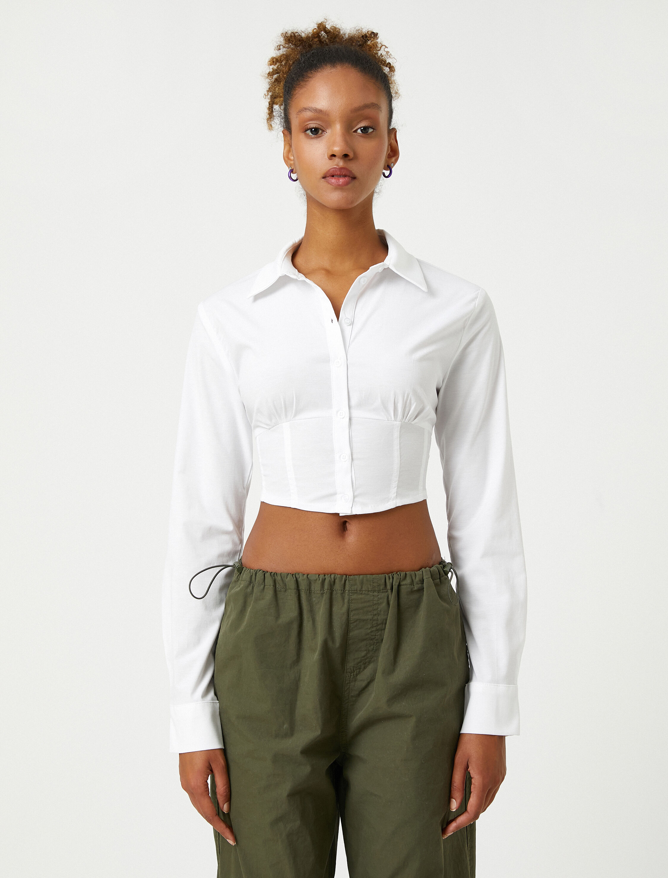   Crop Gömlek Korseli Uzun Kollu Klasik Manşet Yaka