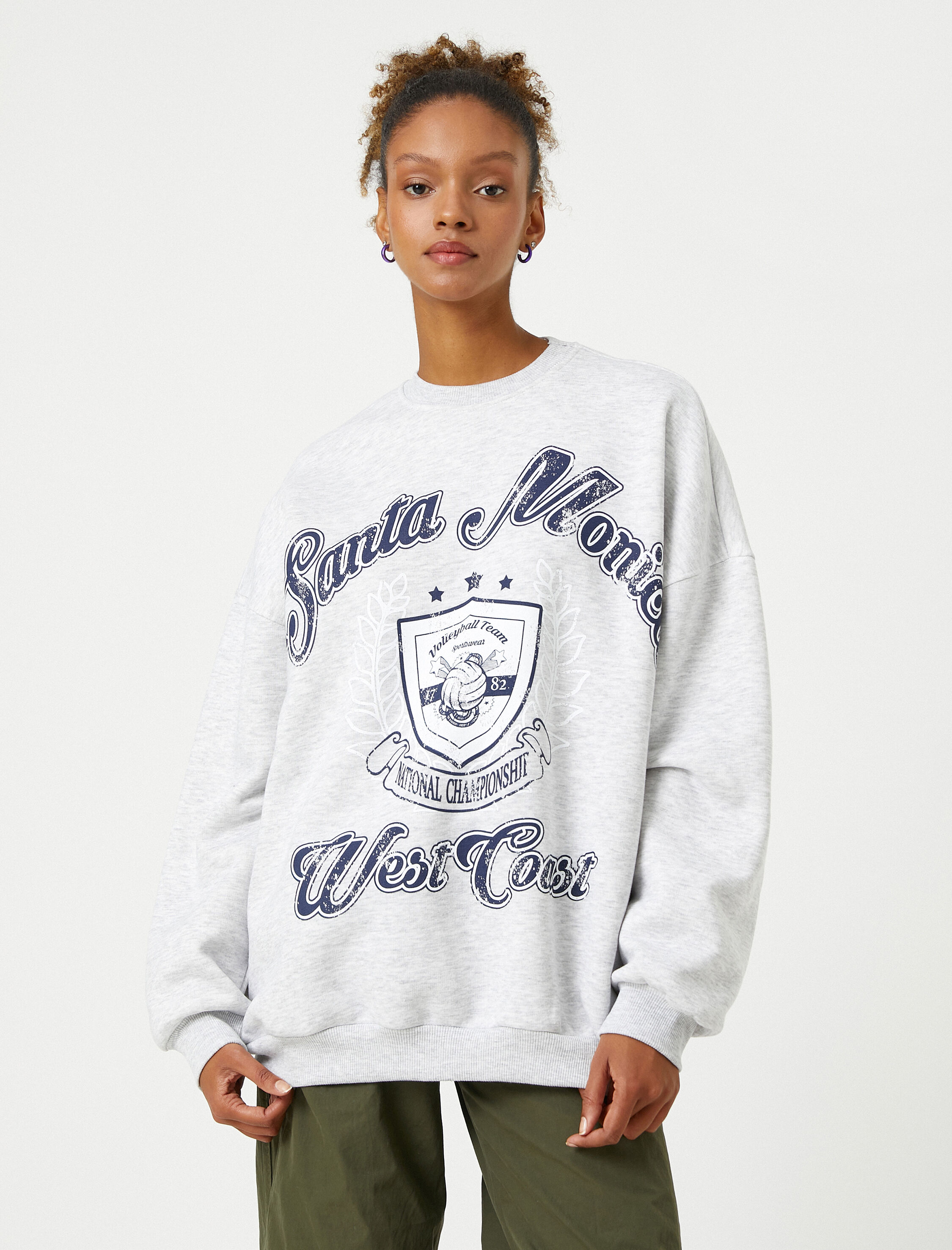   Şardonlu Kolej Sweatshirt Bisiklet Yaka Rahat Kesim Uzun Kollu