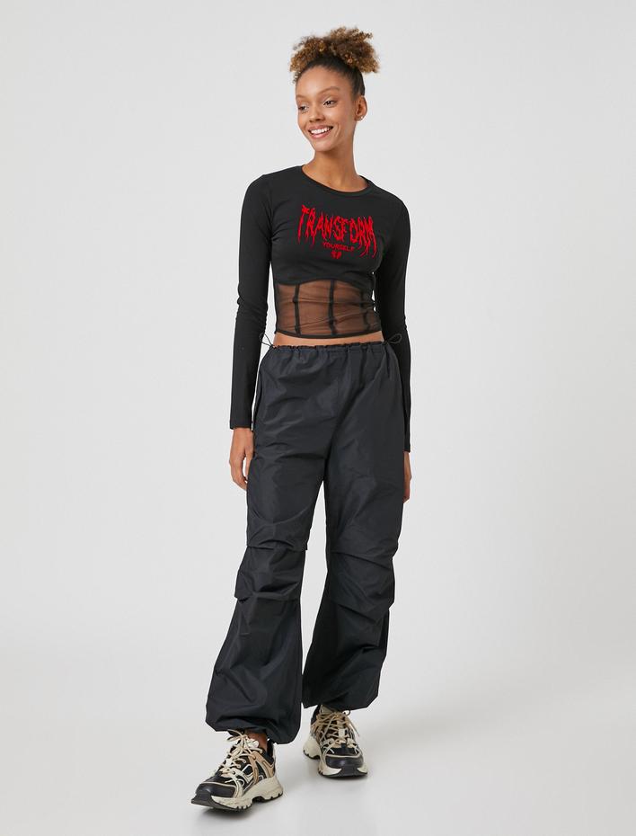  Uzun Kollu Tişört Crop Tül Korse Detaylı Baskılı