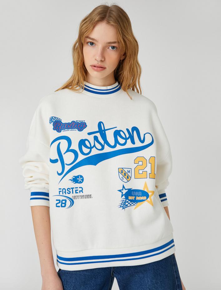  Şardonlu Kolej Sweatshirt Bisiklet Yaka Baskılı Ribanalı Uzun Kollu