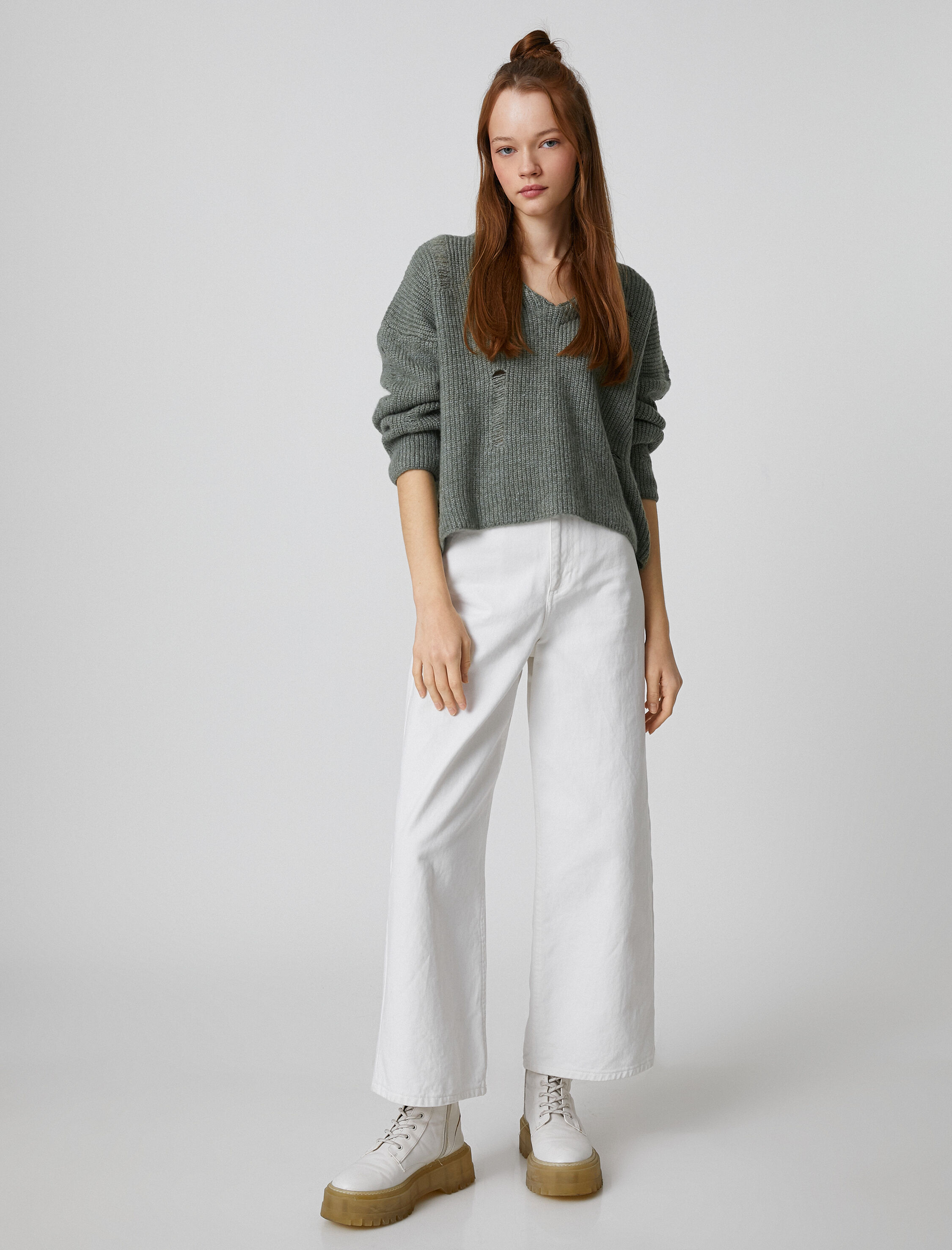   V Yaka Triko Kazak Uzun Kollu Ajurlu Örgü