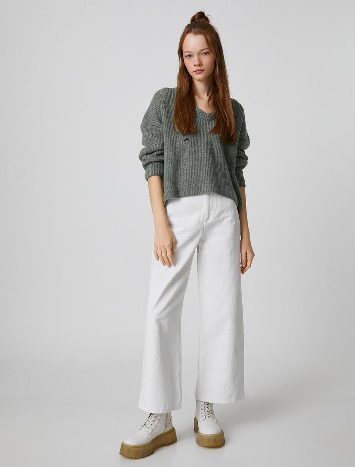  V Yaka Triko Kazak Uzun Kollu Ajurlu Örgü