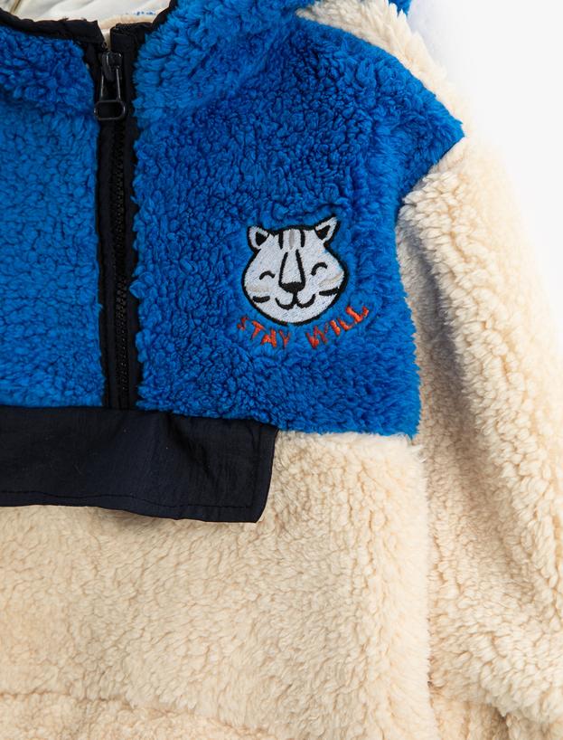  Erkek Bebek Peluş Kapşonlu Sweatshirt Yarım Fermuarlı Cepli Kedi İşleme Detaylı