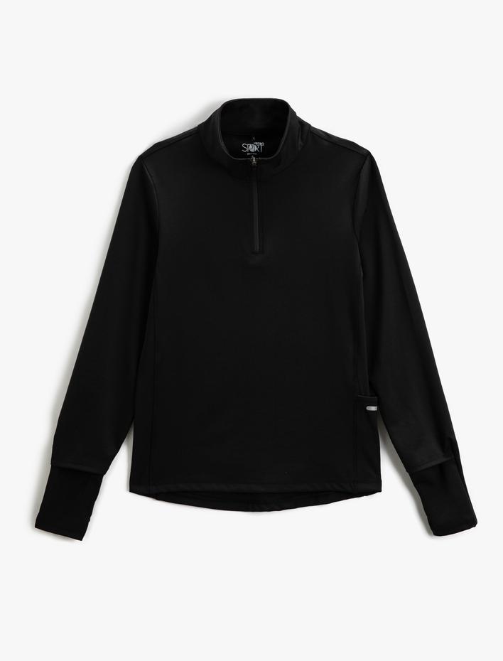  Basic Spor Sweatshirt Dik Yaka Yarım Fermuarlı Cep Detaylı