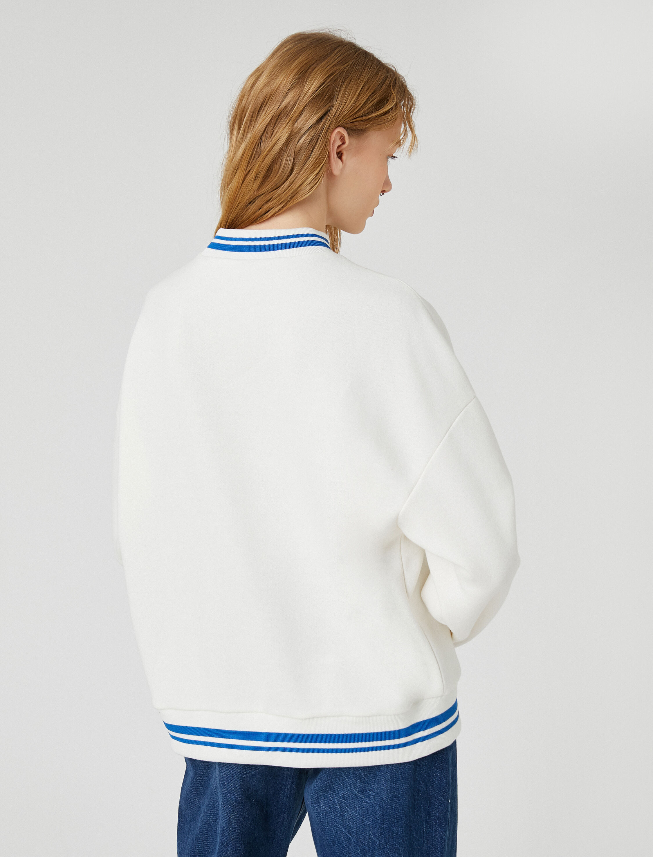   Şardonlu Kolej Sweatshirt Bisiklet Yaka Baskılı Ribanalı Uzun Kollu