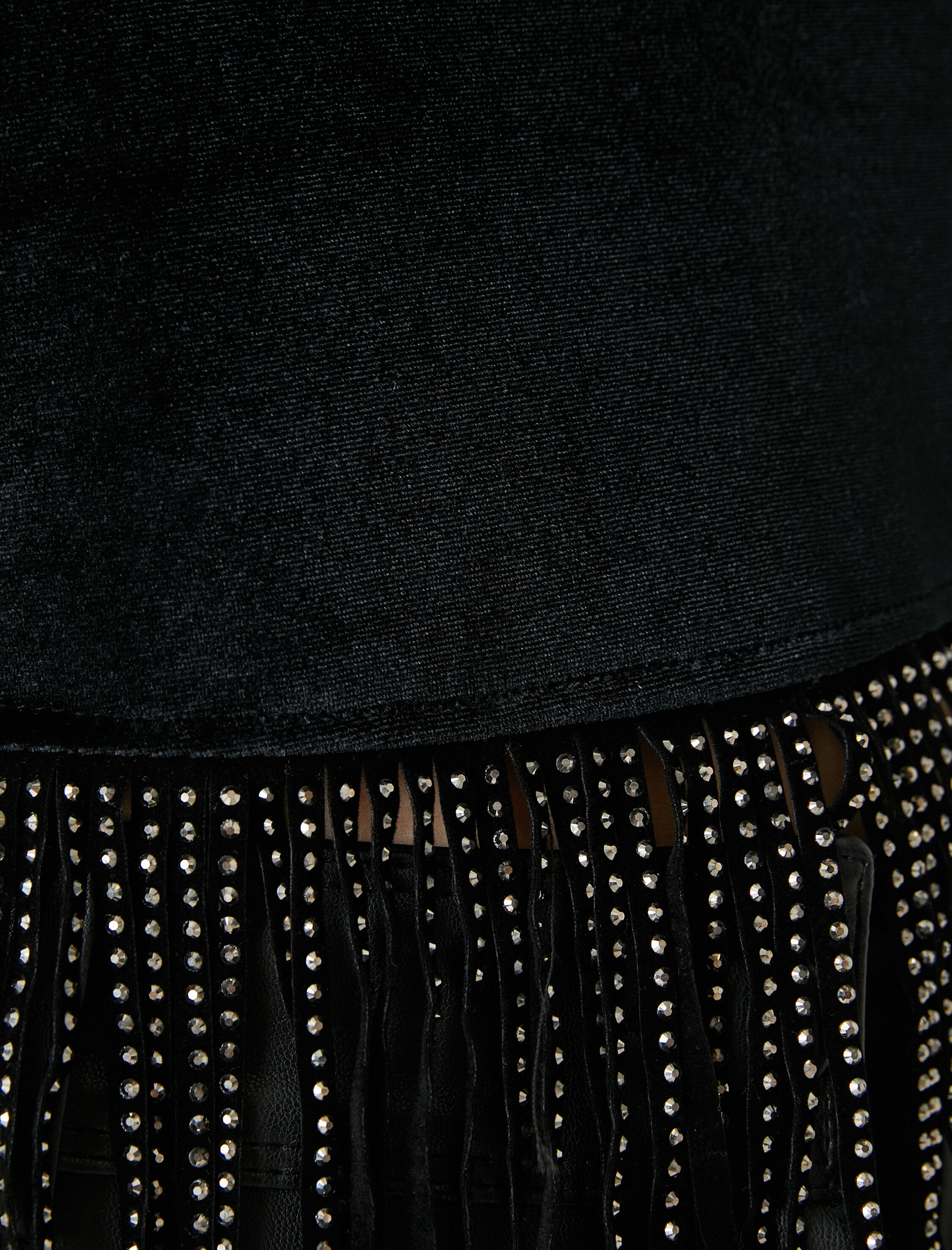   Uzun Kollu Tişört Kadife Crop Işıltılı Püskül Detaylı