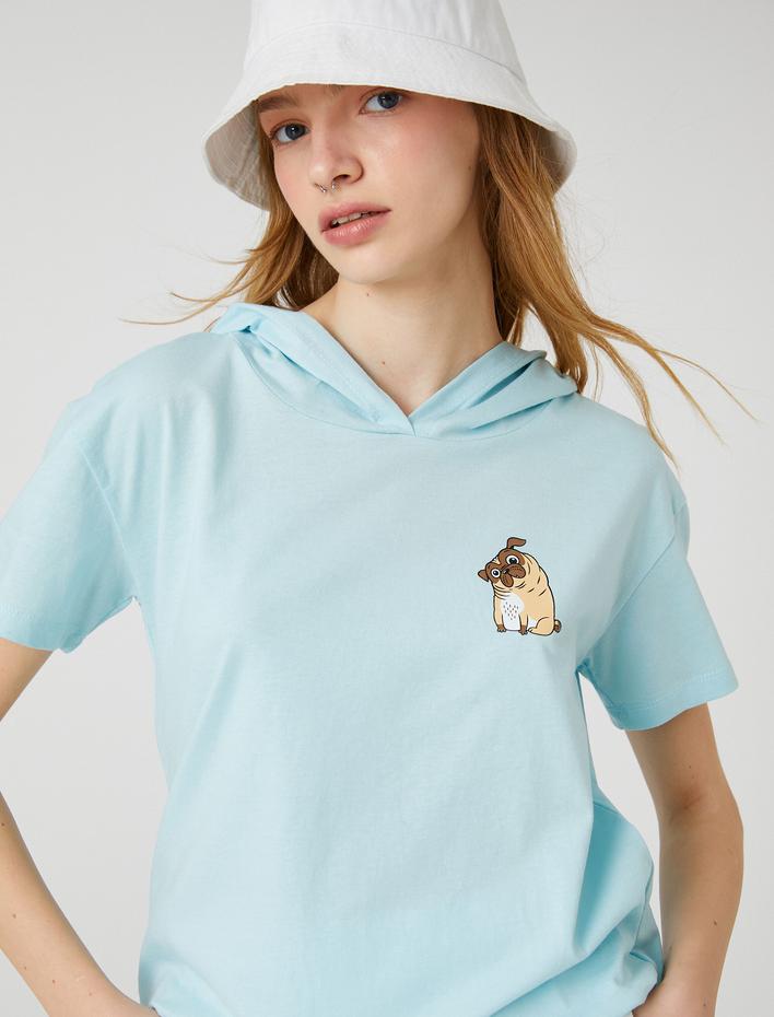 Kapüşonlu Tişört Pamuklu Kısa Kollu Köpek Baskılı