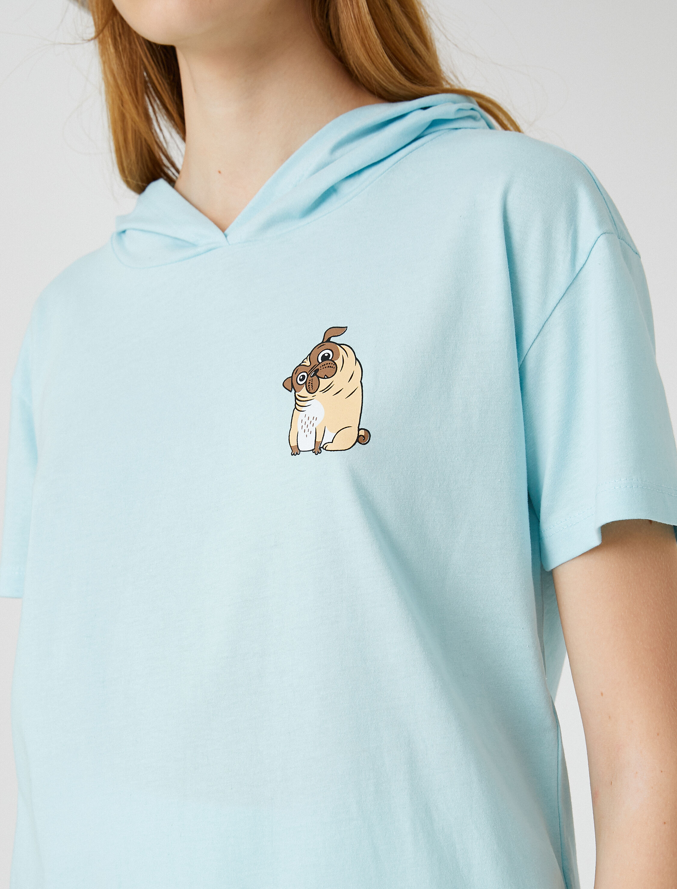   Kapüşonlu Tişört Pamuklu Kısa Kollu Köpek Baskılı