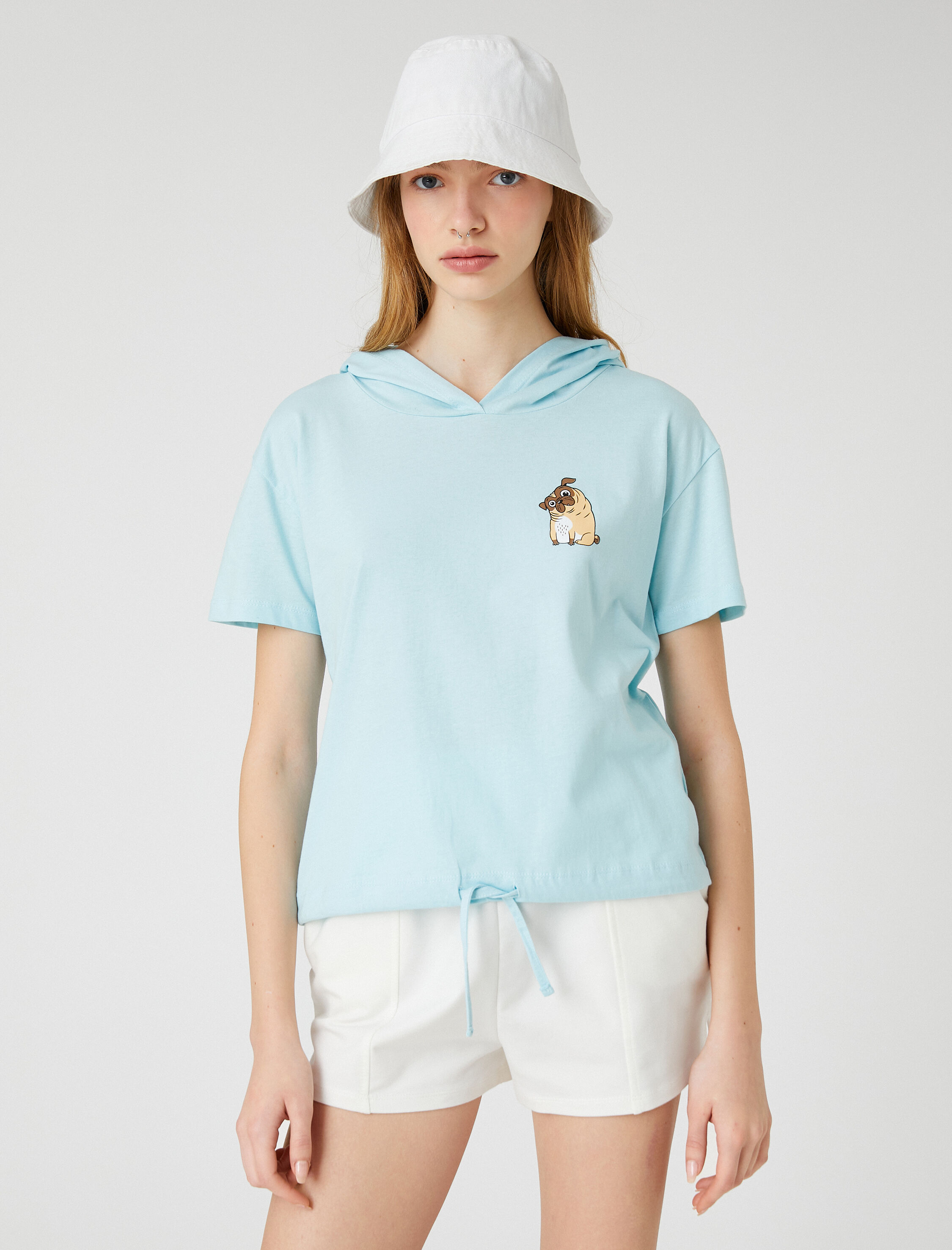   Kapüşonlu Tişört Pamuklu Kısa Kollu Köpek Baskılı