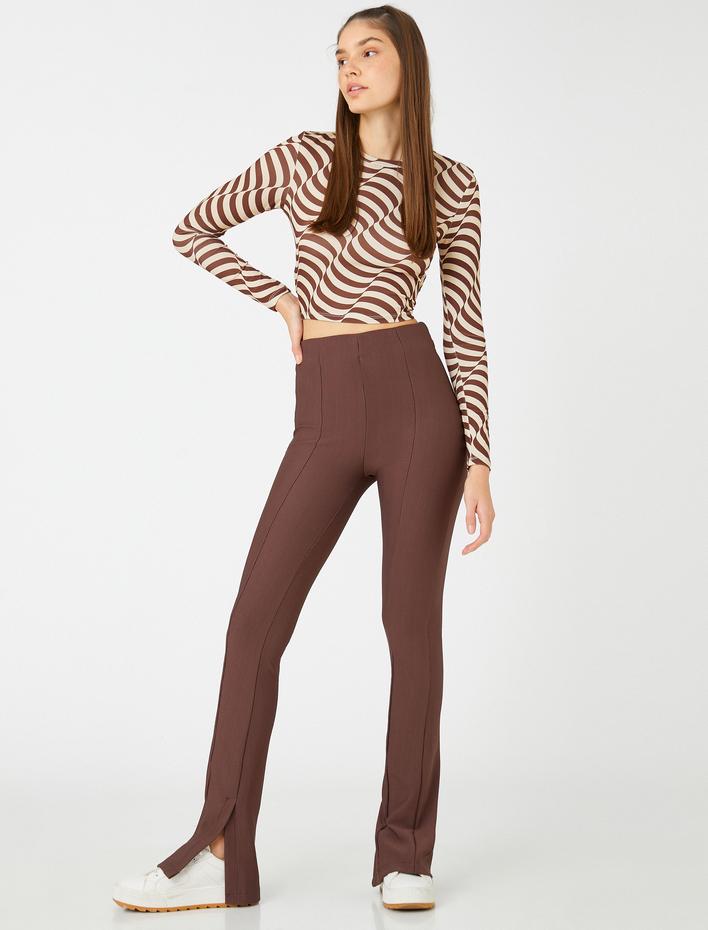  İspanyol Paça Pantolon Yüksek Bel Yırtmaç Detaylı