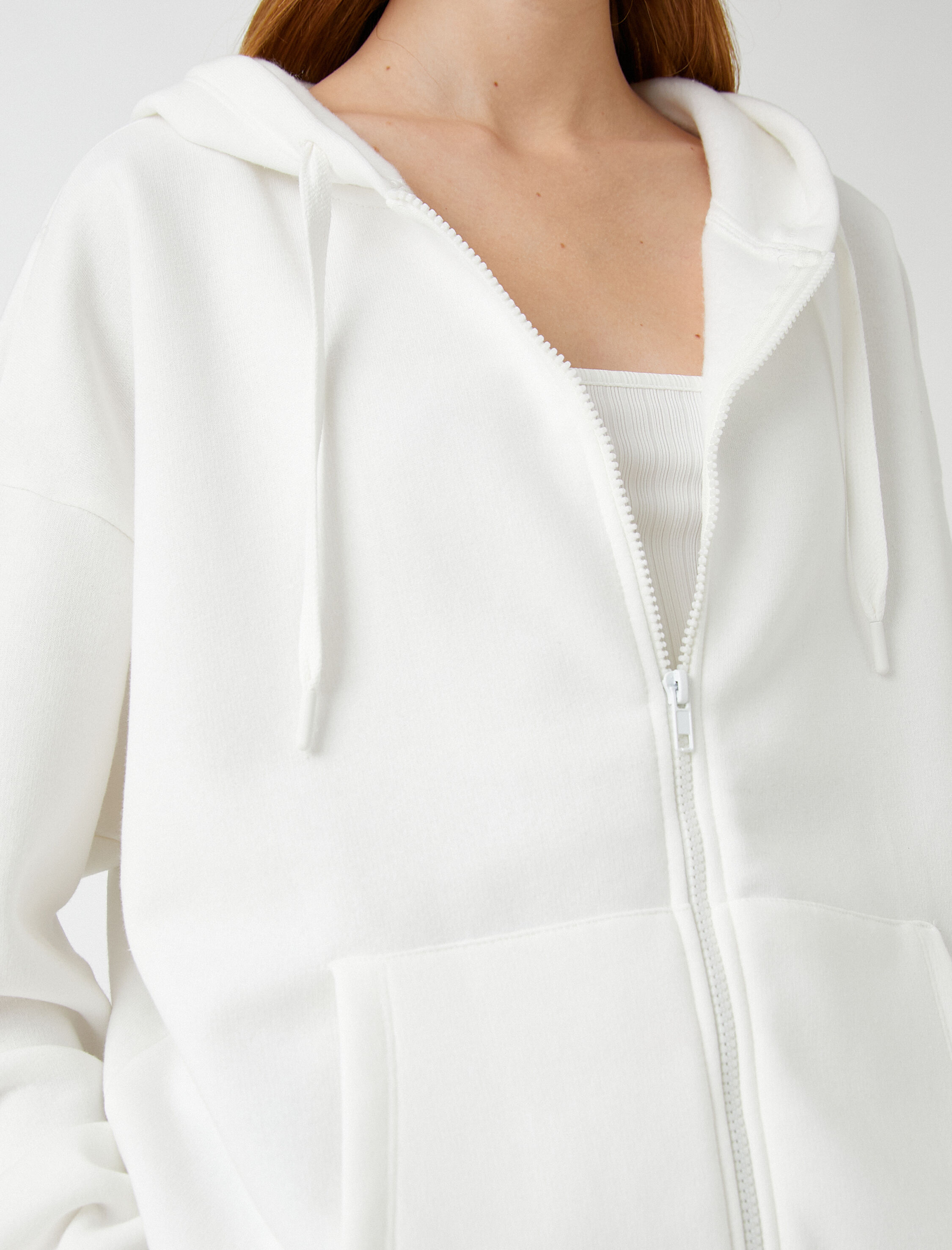   Şardonlu Fermuarlı Sweatshirt Kapüşonlu Cep Detaylı Uzun Kollu