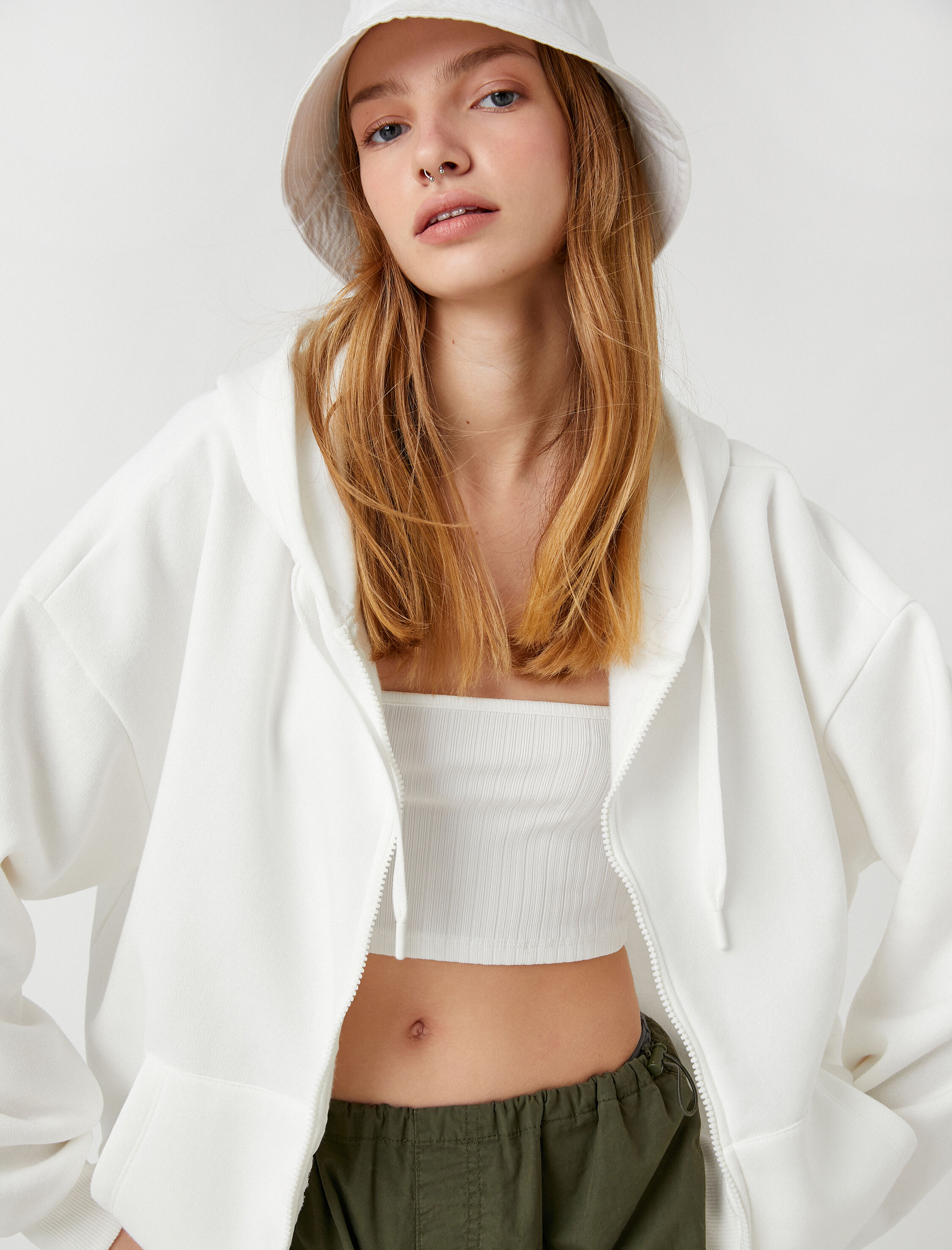   Şardonlu Fermuarlı Sweatshirt Kapüşonlu Cep Detaylı Uzun Kollu