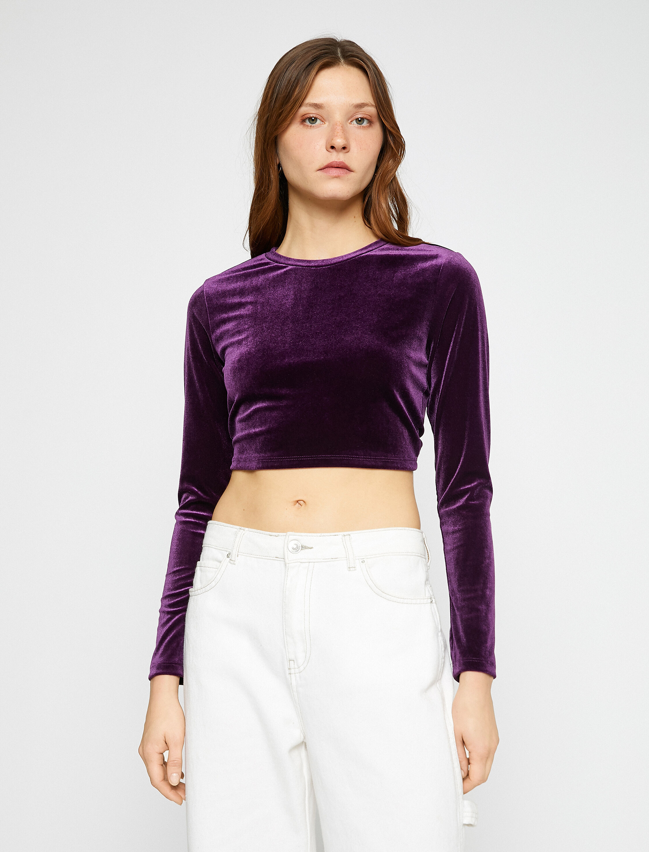   Kadife Crop Tişört Pencere Detaylı Uzun Kollu