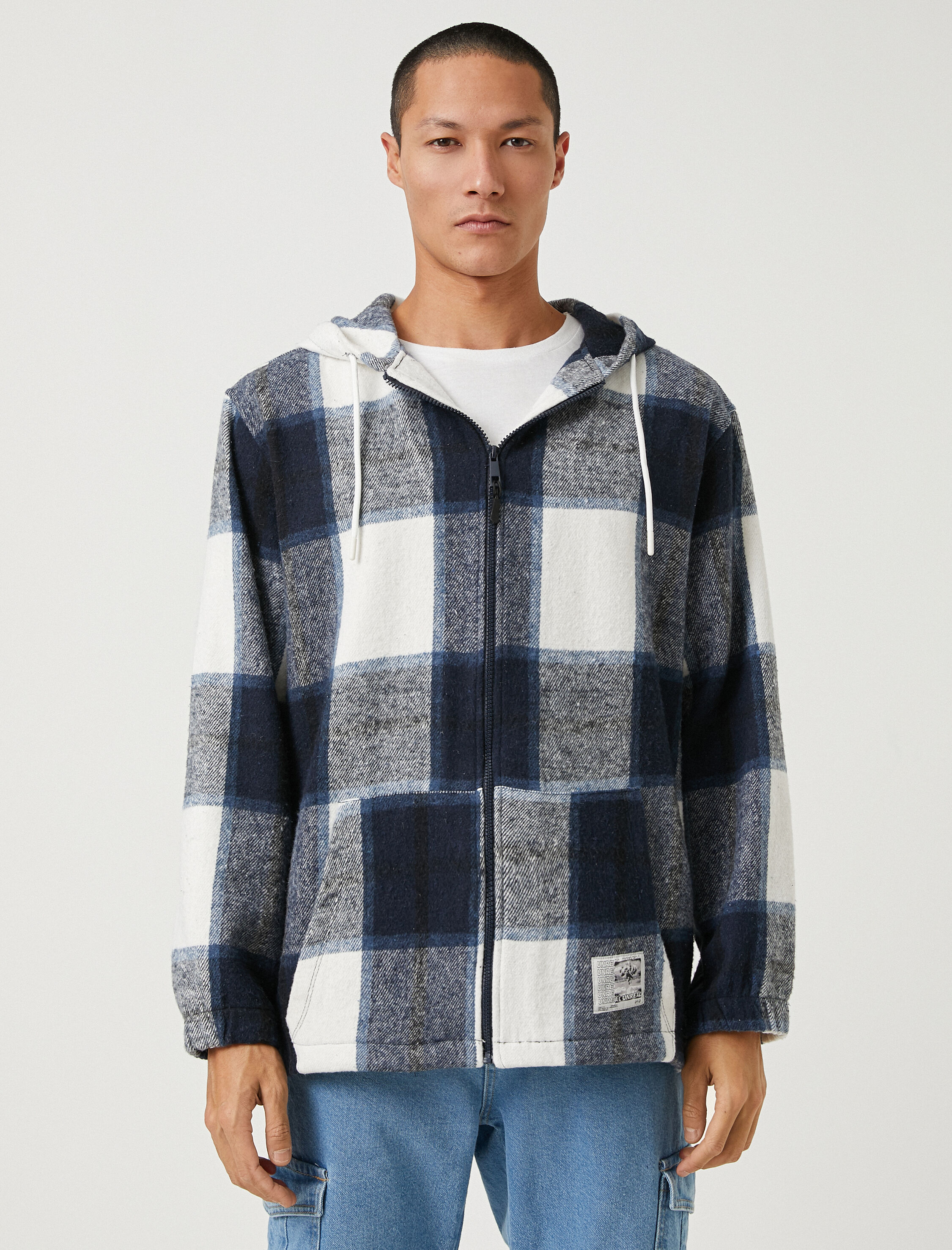   Ekoseli Desenli Sweatshirt Kapşonlu Cep Detaylı Fermuarlı