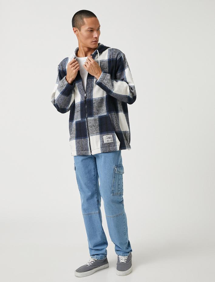  Ekoseli Desenli Sweatshirt Kapşonlu Cep Detaylı Fermuarlı