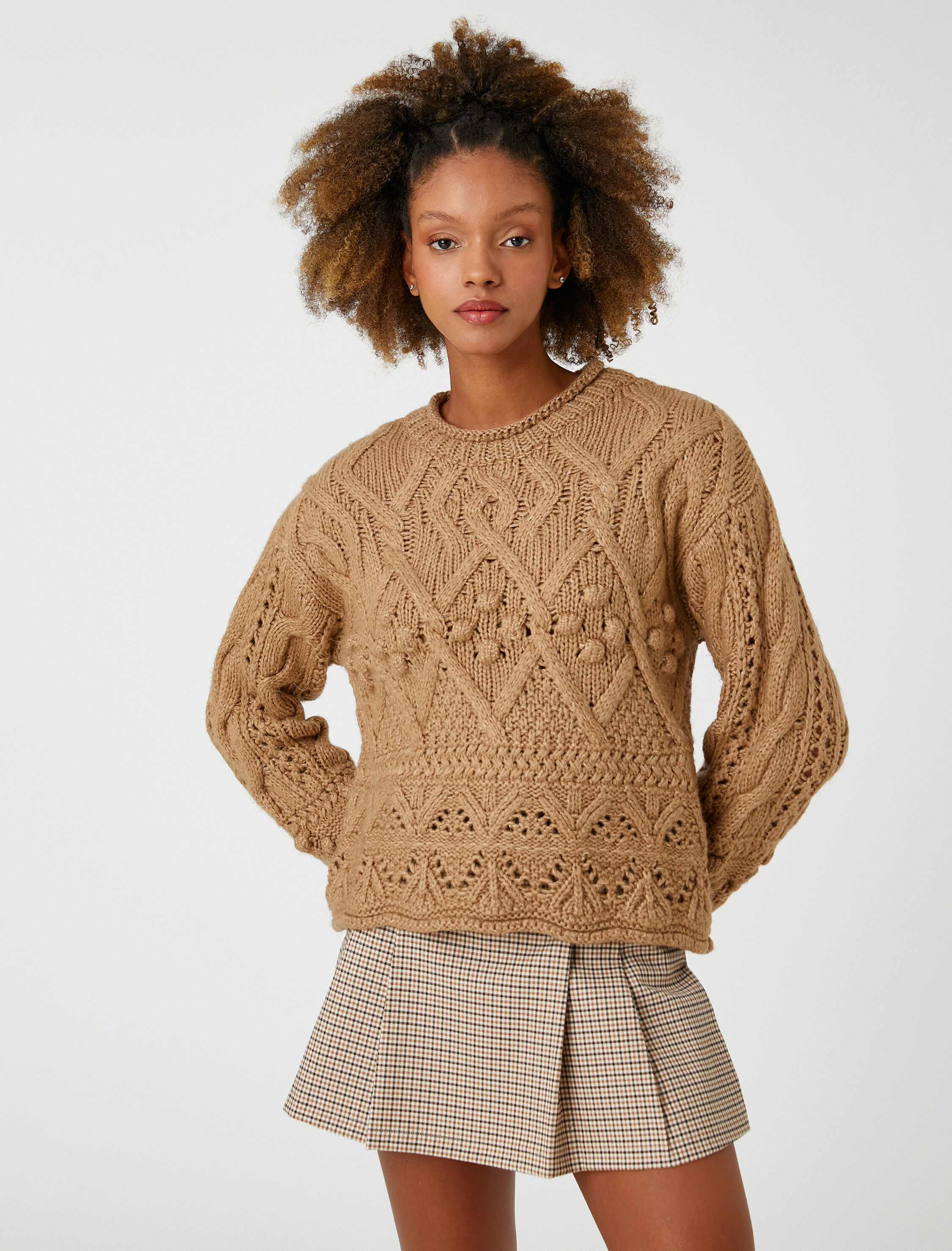   Örgü Triko Kazak Bisiklet Yaka Motifli Uzun Kollu