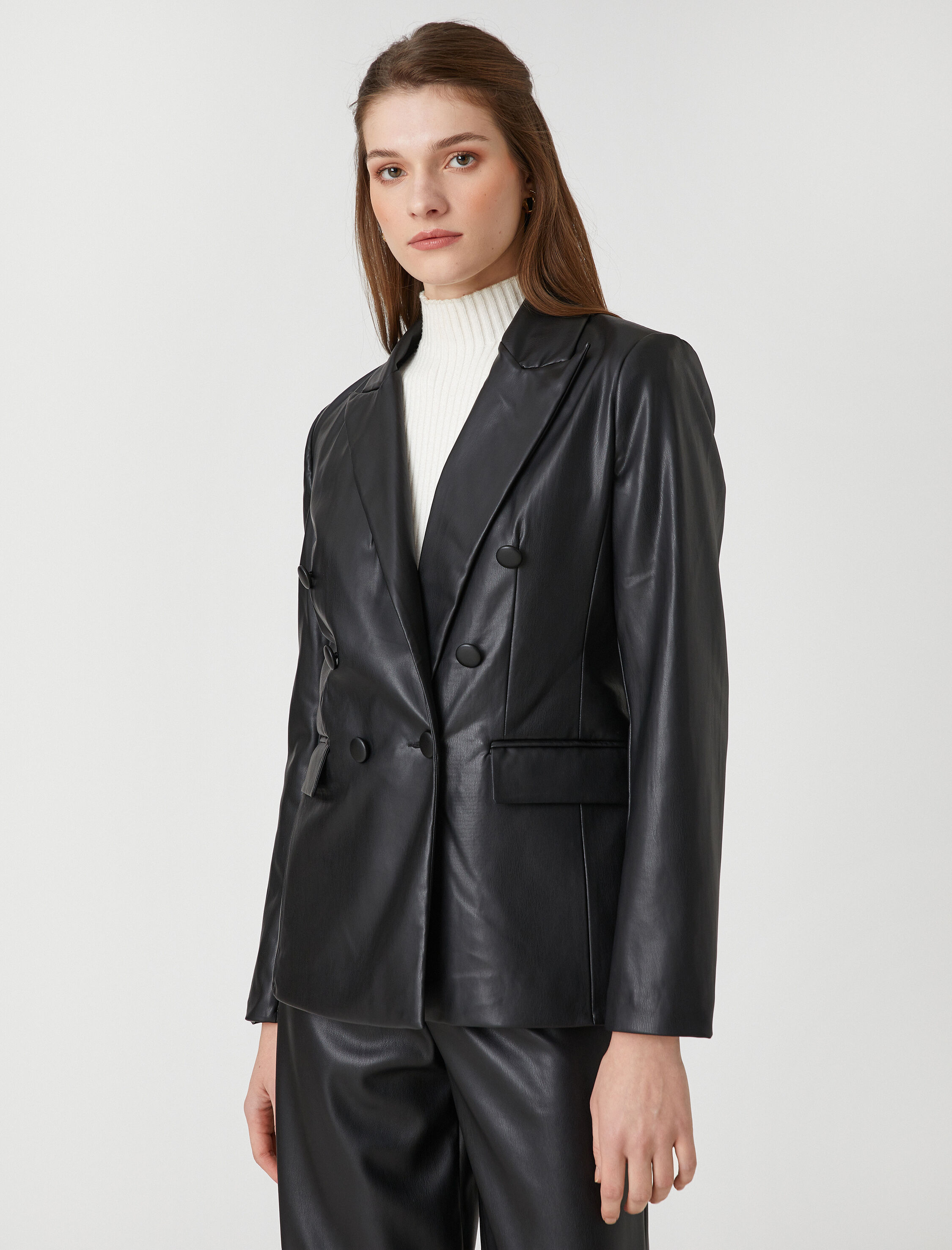   Suni Deri Kruvaze Blazer Ceket Cep Detaylı