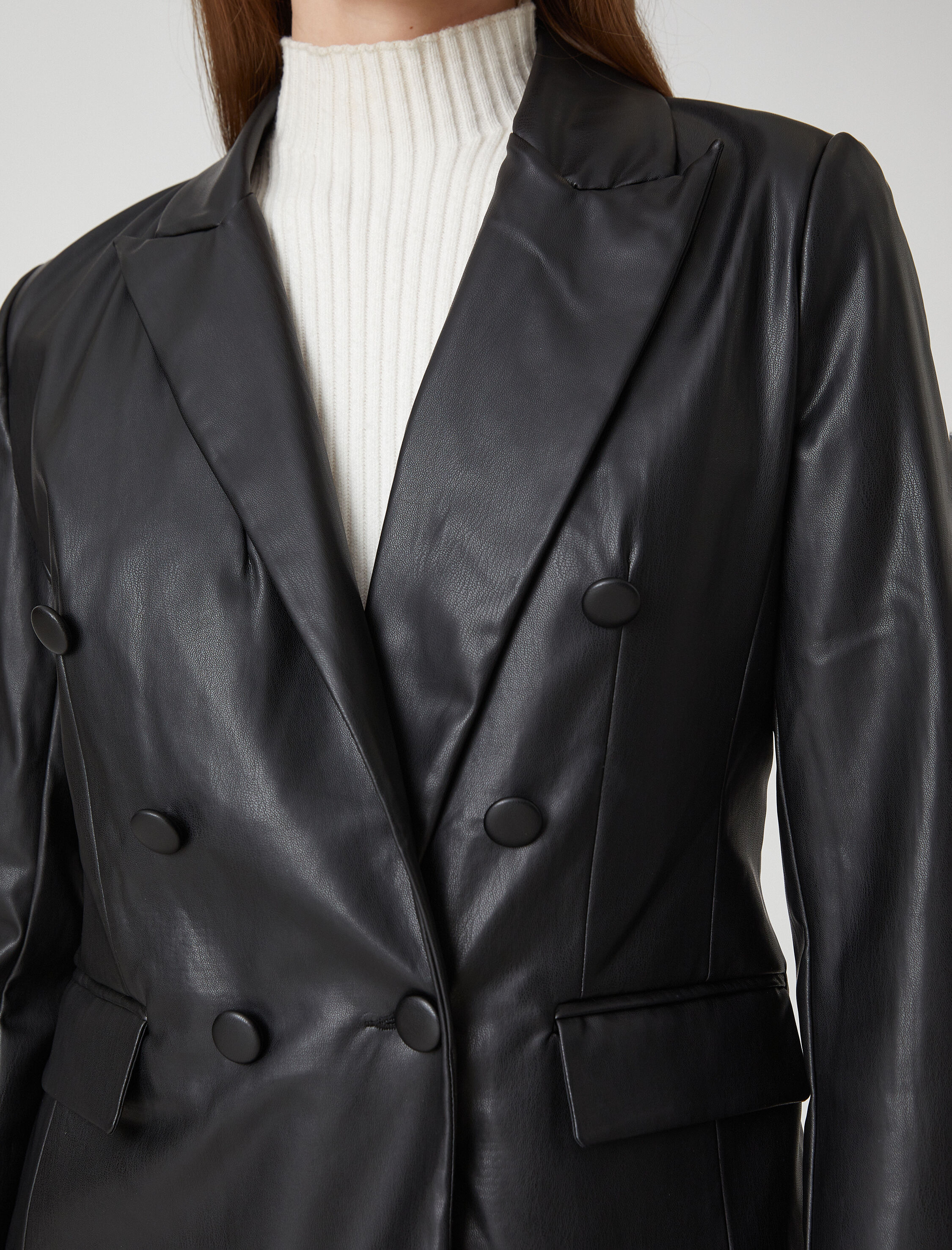   Suni Deri Kruvaze Blazer Ceket Cep Detaylı