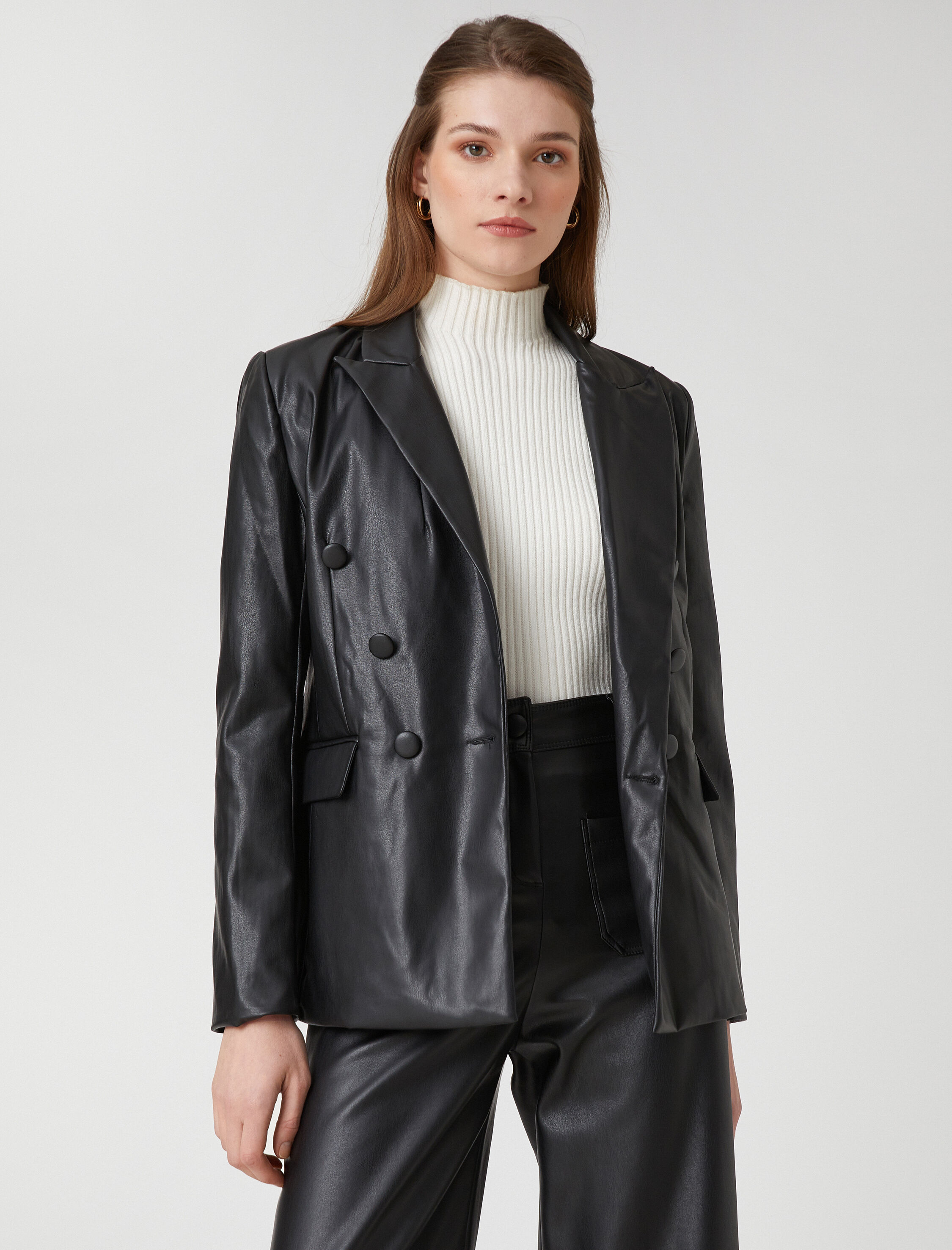   Suni Deri Kruvaze Blazer Ceket Cep Detaylı