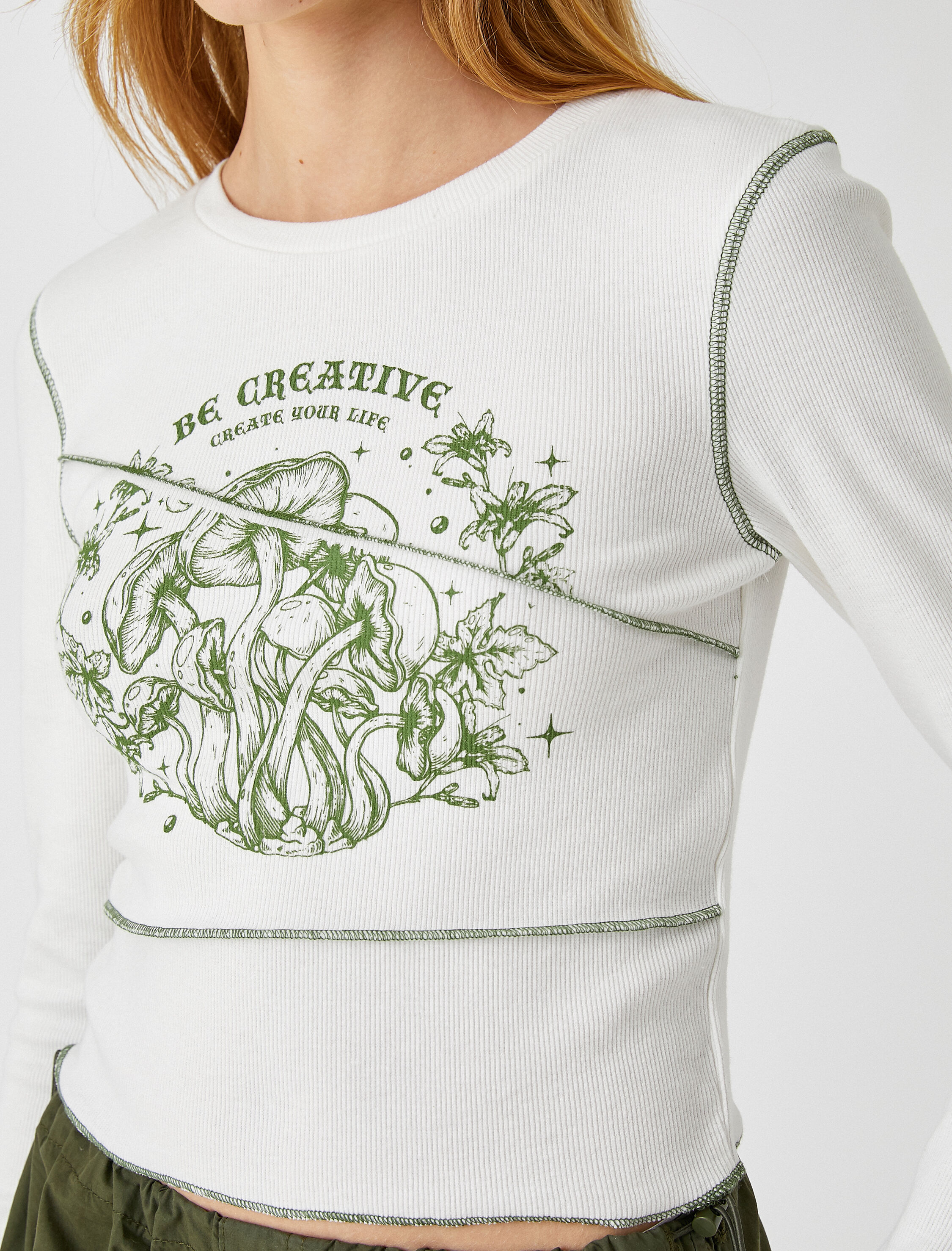   Uzun Kollu Tişört Crop Baskılı