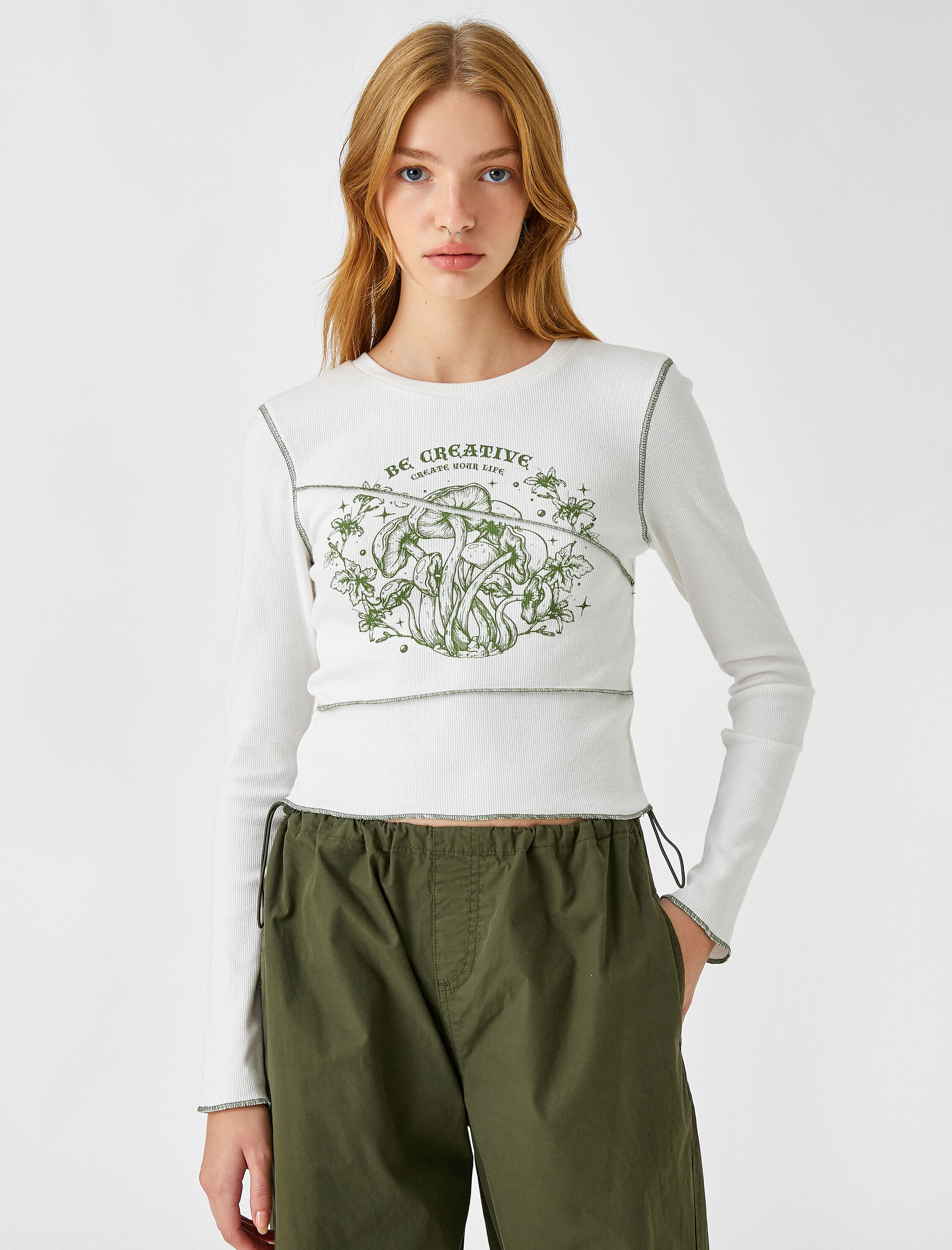   Uzun Kollu Tişört Crop Baskılı