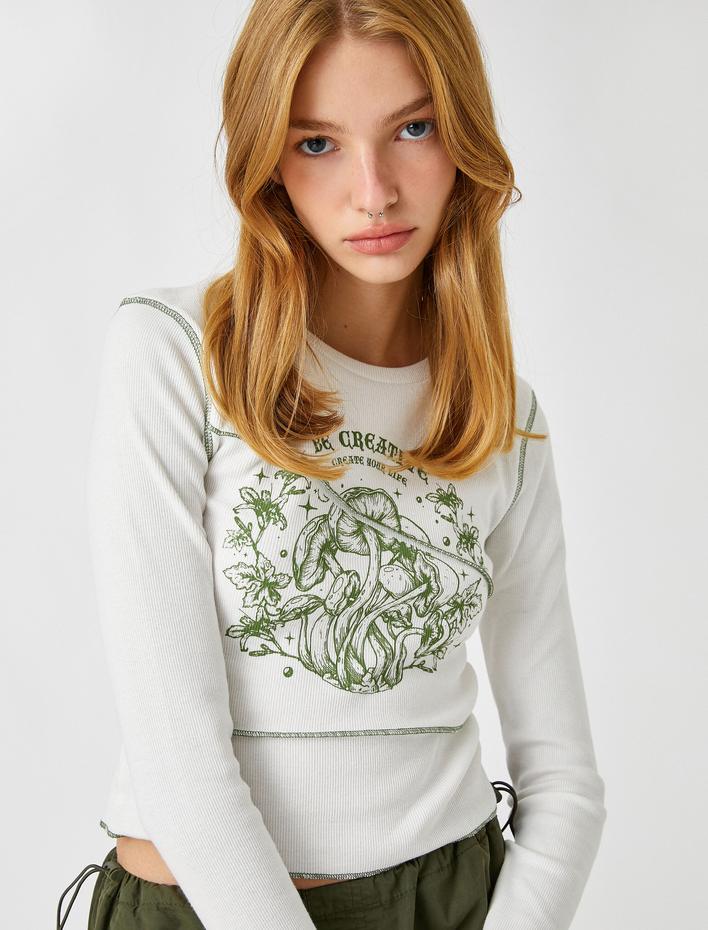  Uzun Kollu Tişört Crop Baskılı