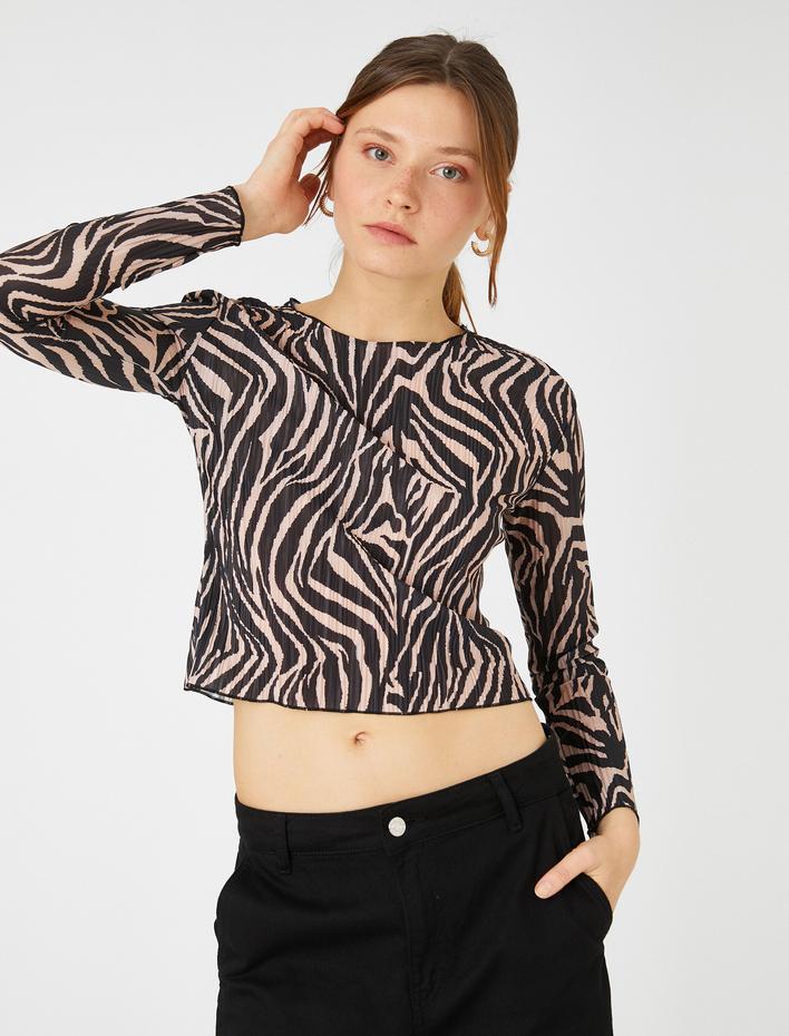  Piliseli Crop Tişört Bisiklet Yaka Uzun Kollu