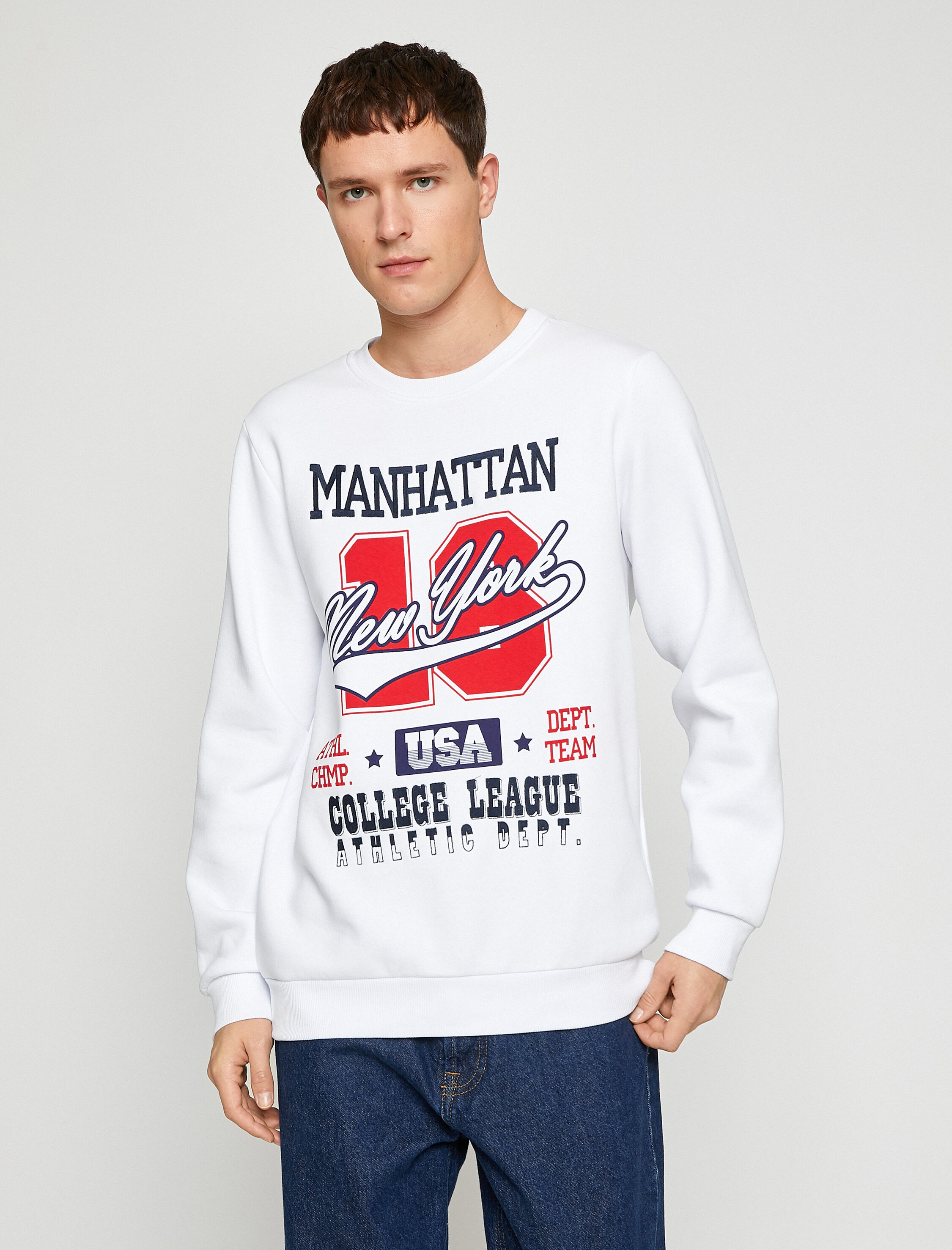   Kolej Baskılı Sweatshirt Şardonlu Bisiklet Yaka