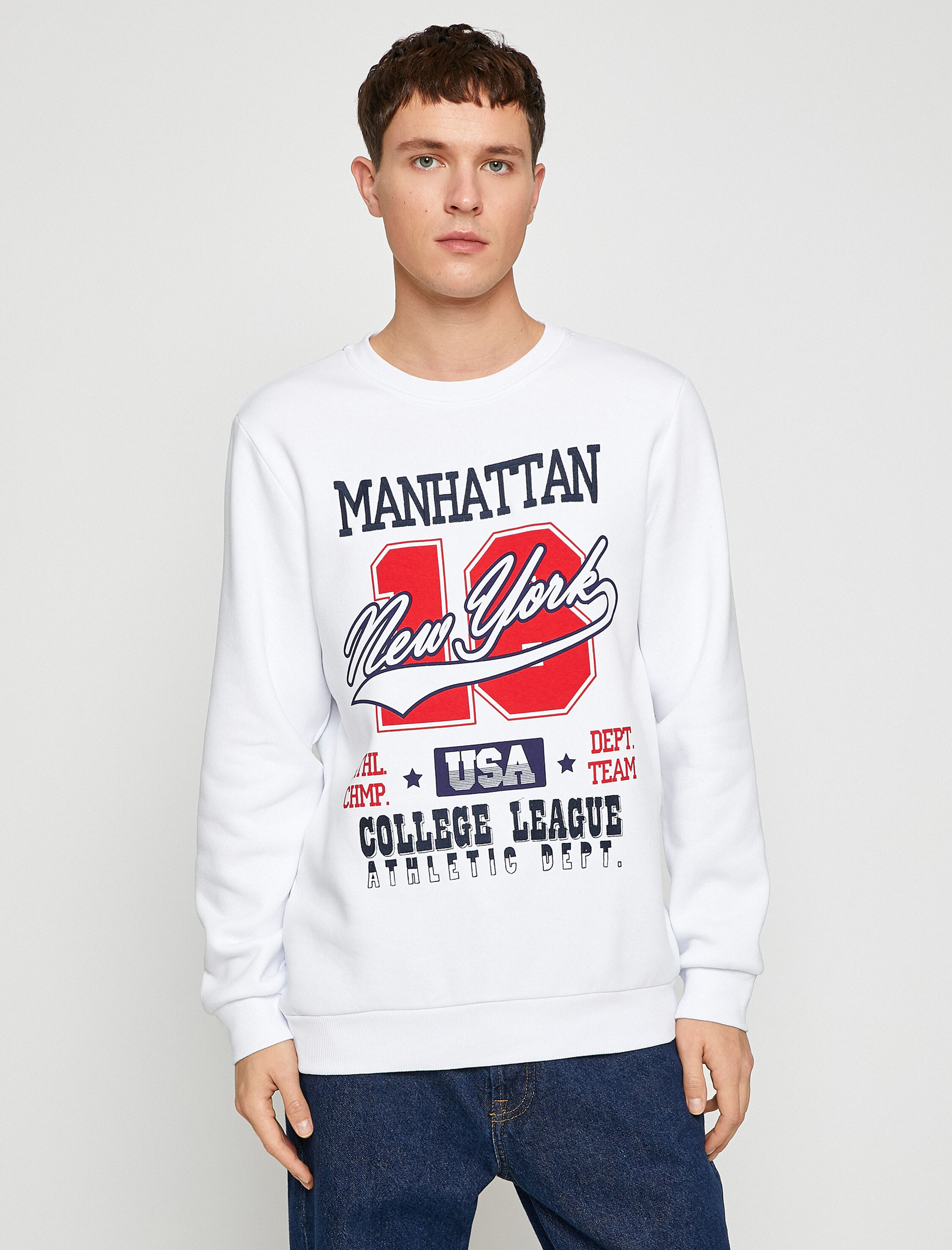   Kolej Baskılı Sweatshirt Şardonlu Bisiklet Yaka