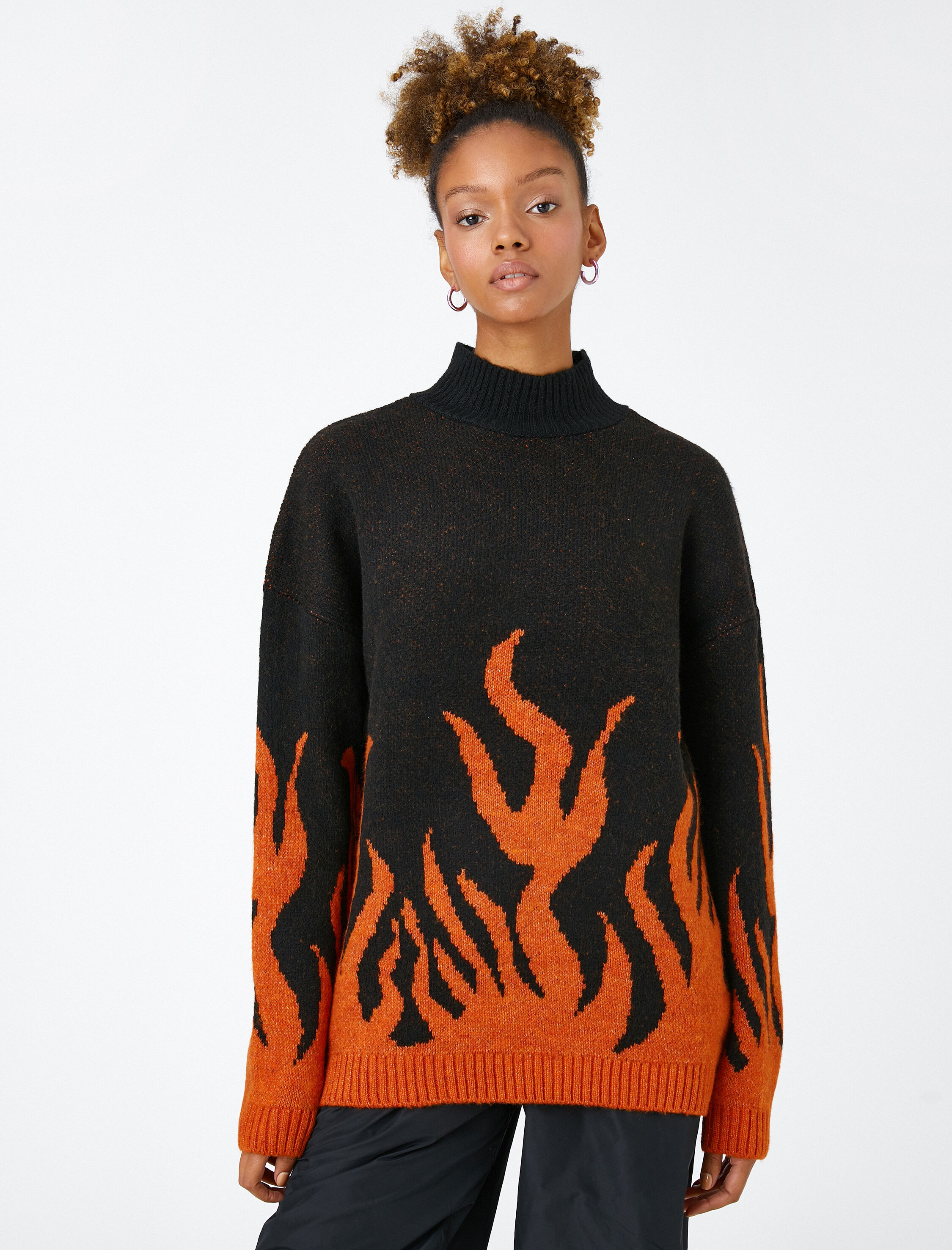   Dik Yaka Triko Kazak Desenli Uzun Kollu