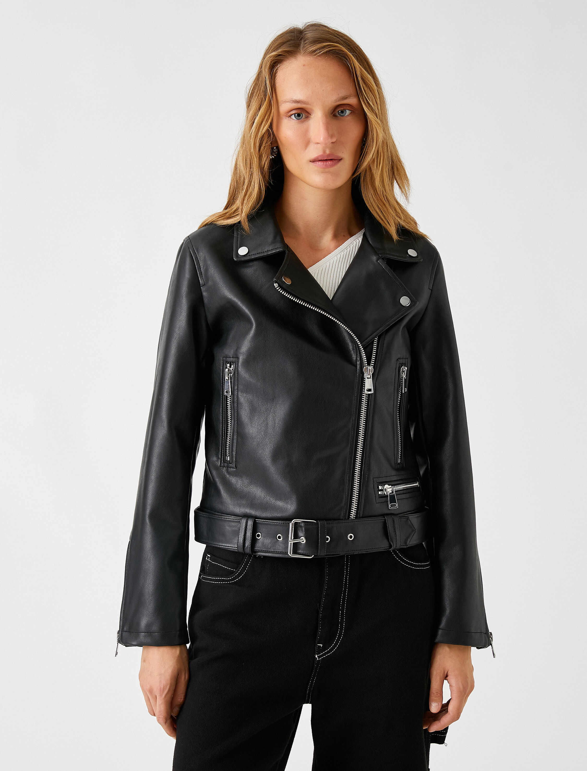   Suni Deri Biker Ceket Cepli