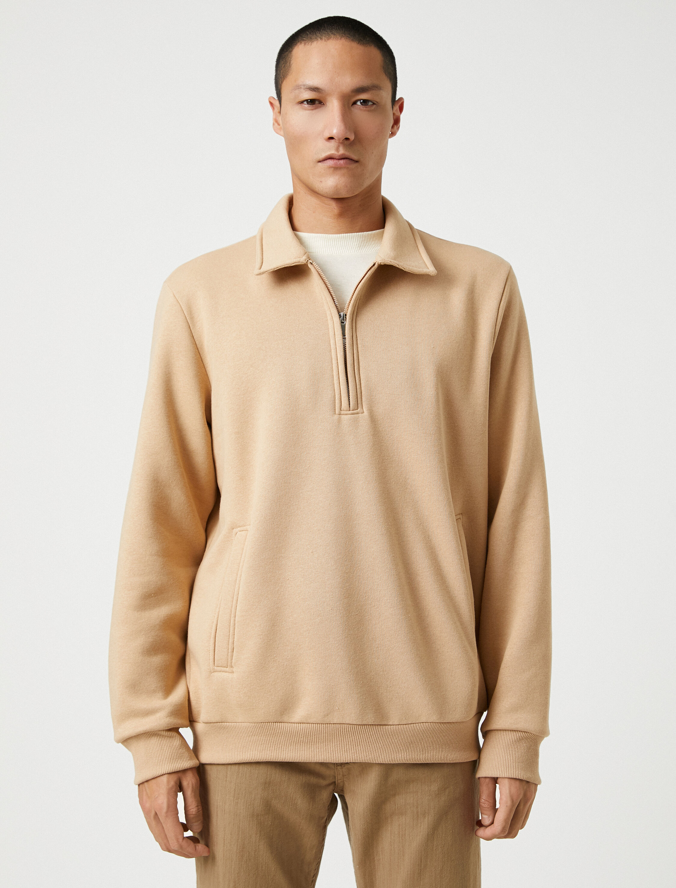  Polo Yaka Sweatshirt Cepli Yarım Fermuarlı Uzun Kollu