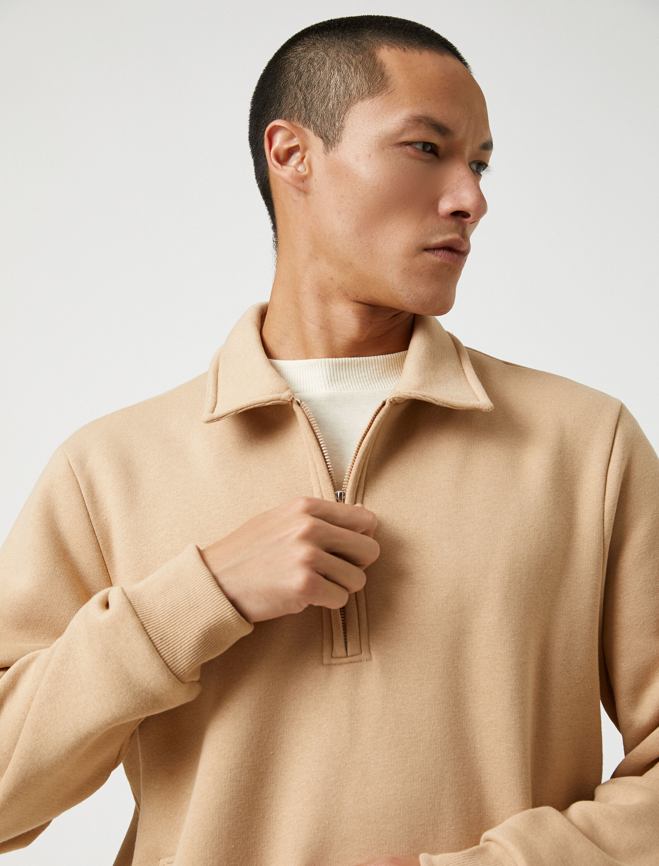   Polo Yaka Sweatshirt Cepli Yarım Fermuarlı Uzun Kollu