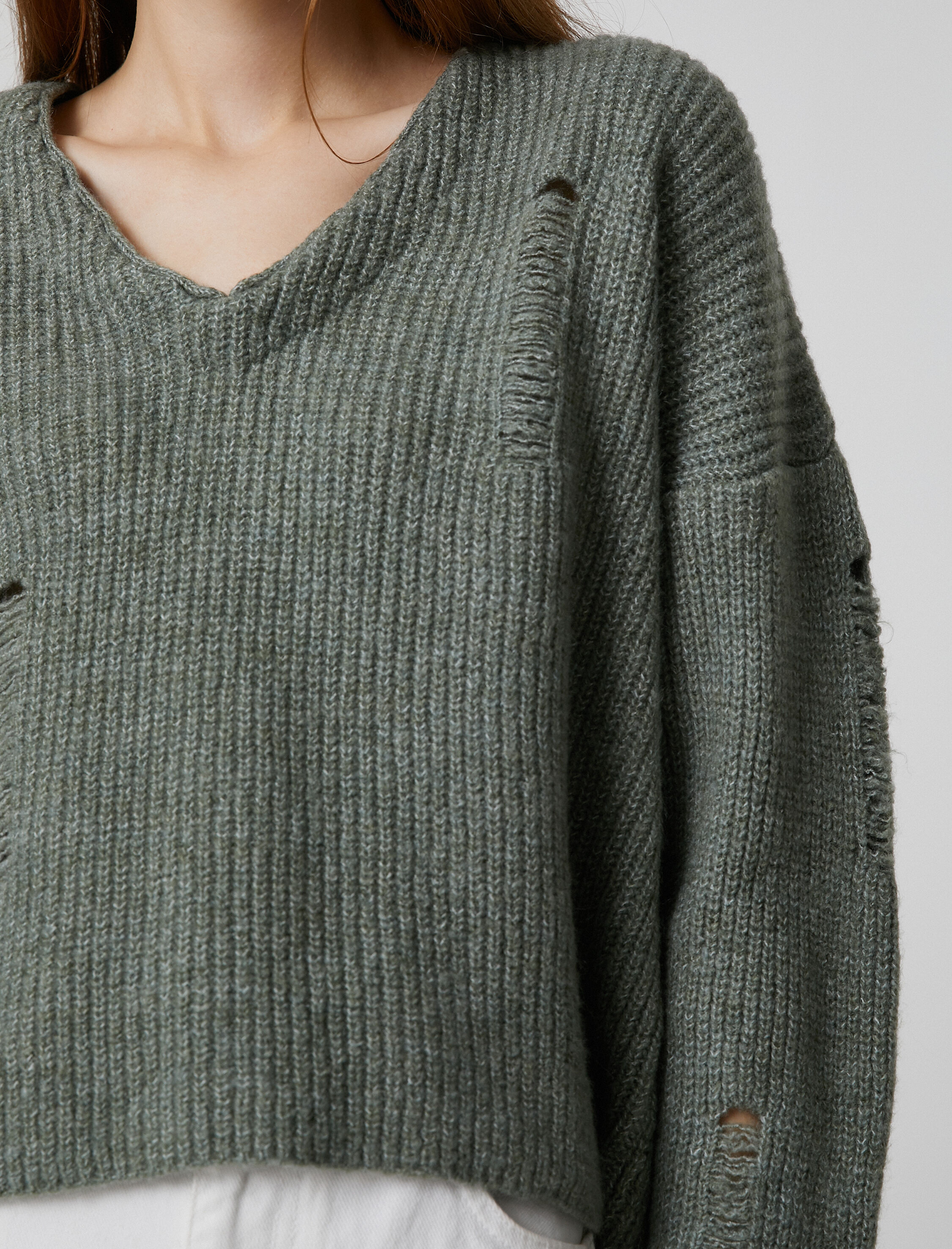   V Yaka Triko Kazak Uzun Kollu Ajurlu Örgü