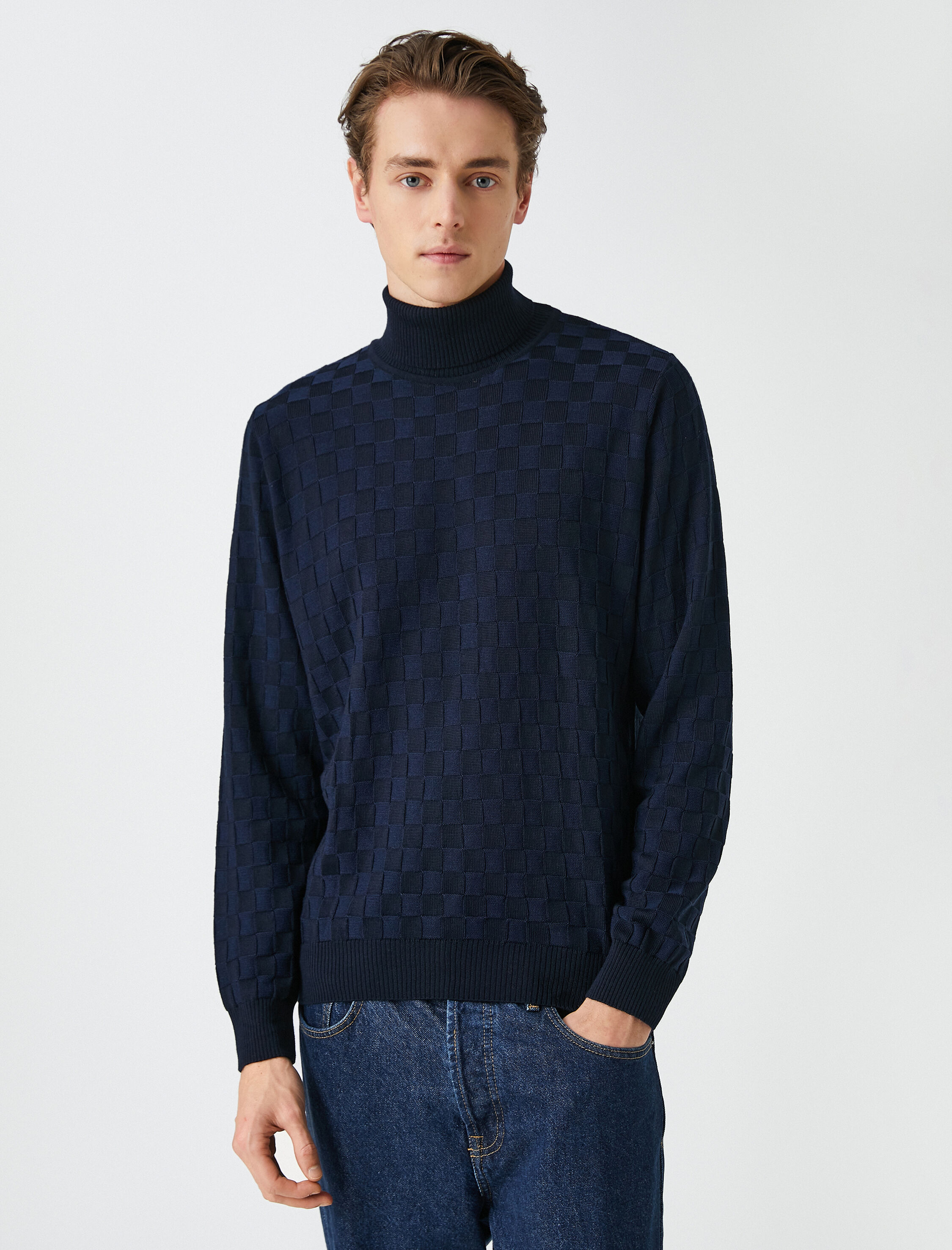   Triko Boğazlı Kazak Uzun Kollu Kareli