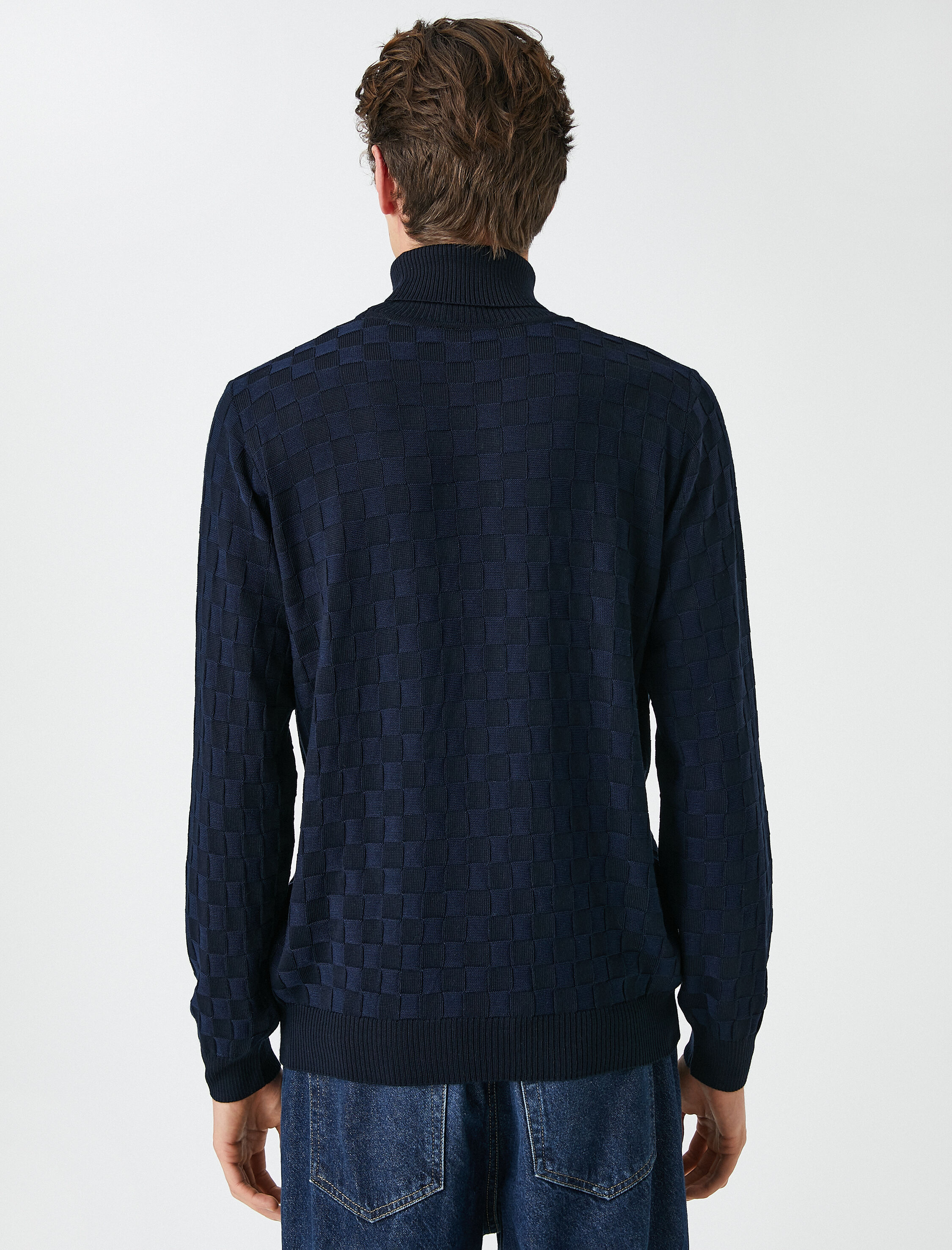   Triko Boğazlı Kazak Uzun Kollu Kareli