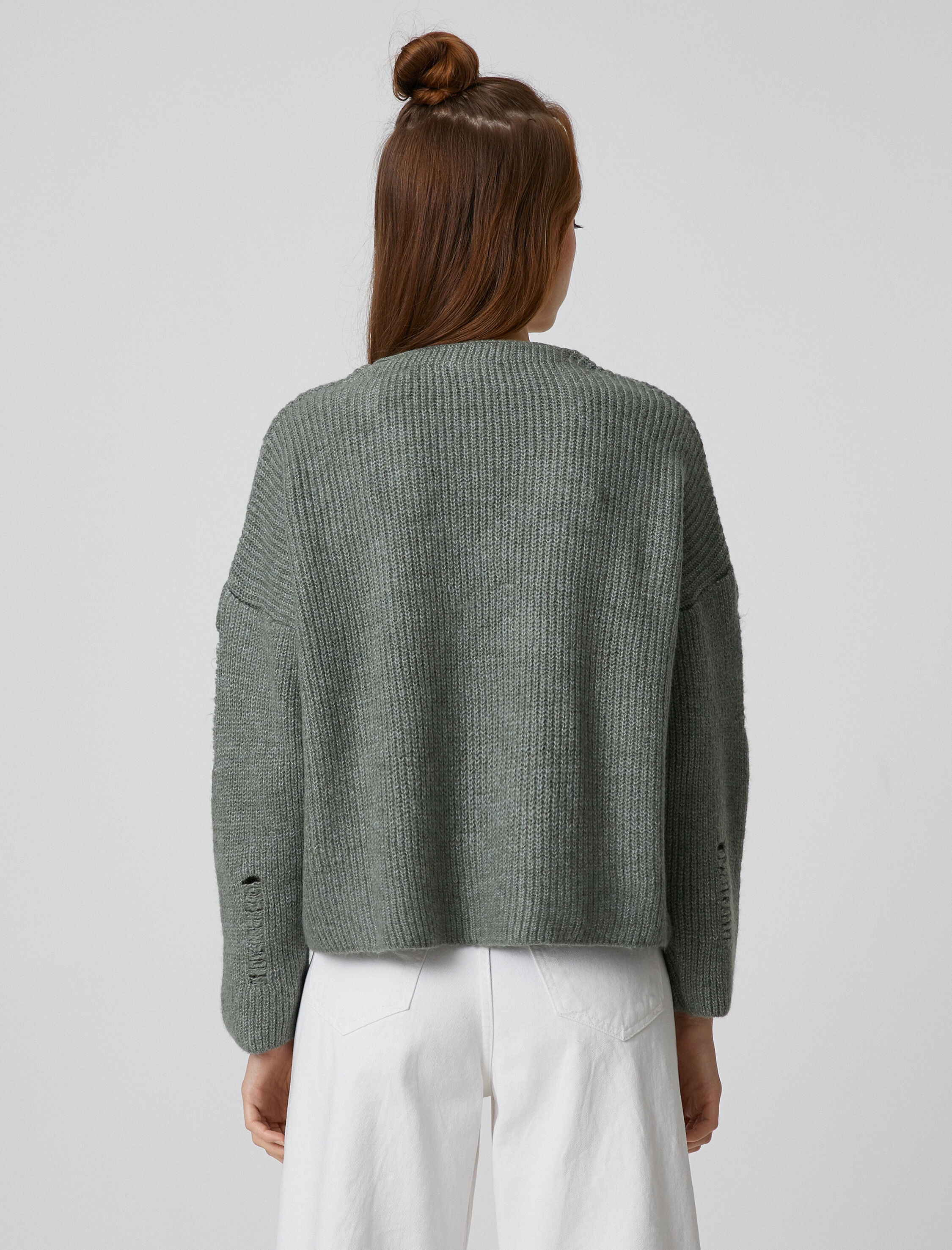   V Yaka Triko Kazak Uzun Kollu Ajurlu Örgü