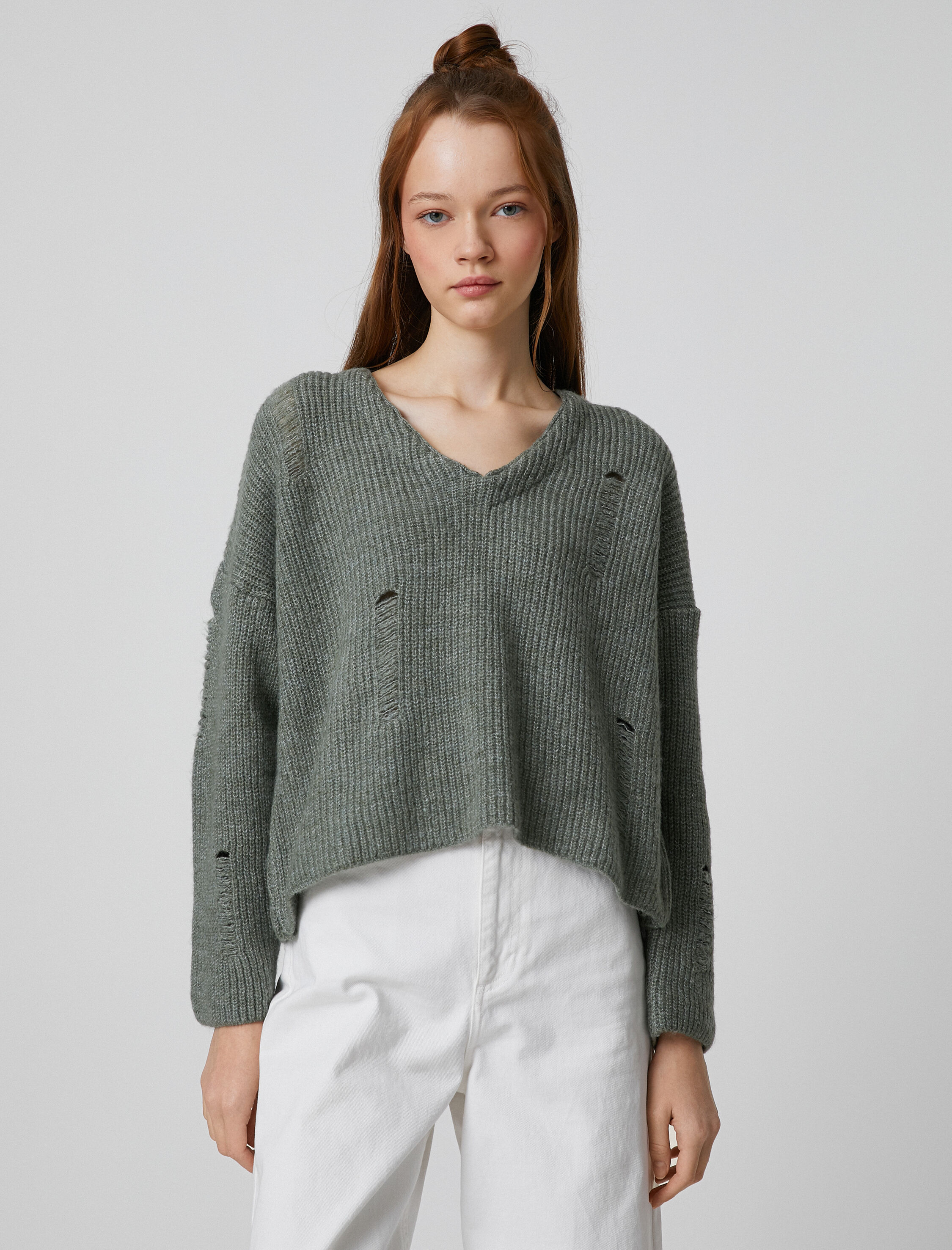   V Yaka Triko Kazak Uzun Kollu Ajurlu Örgü