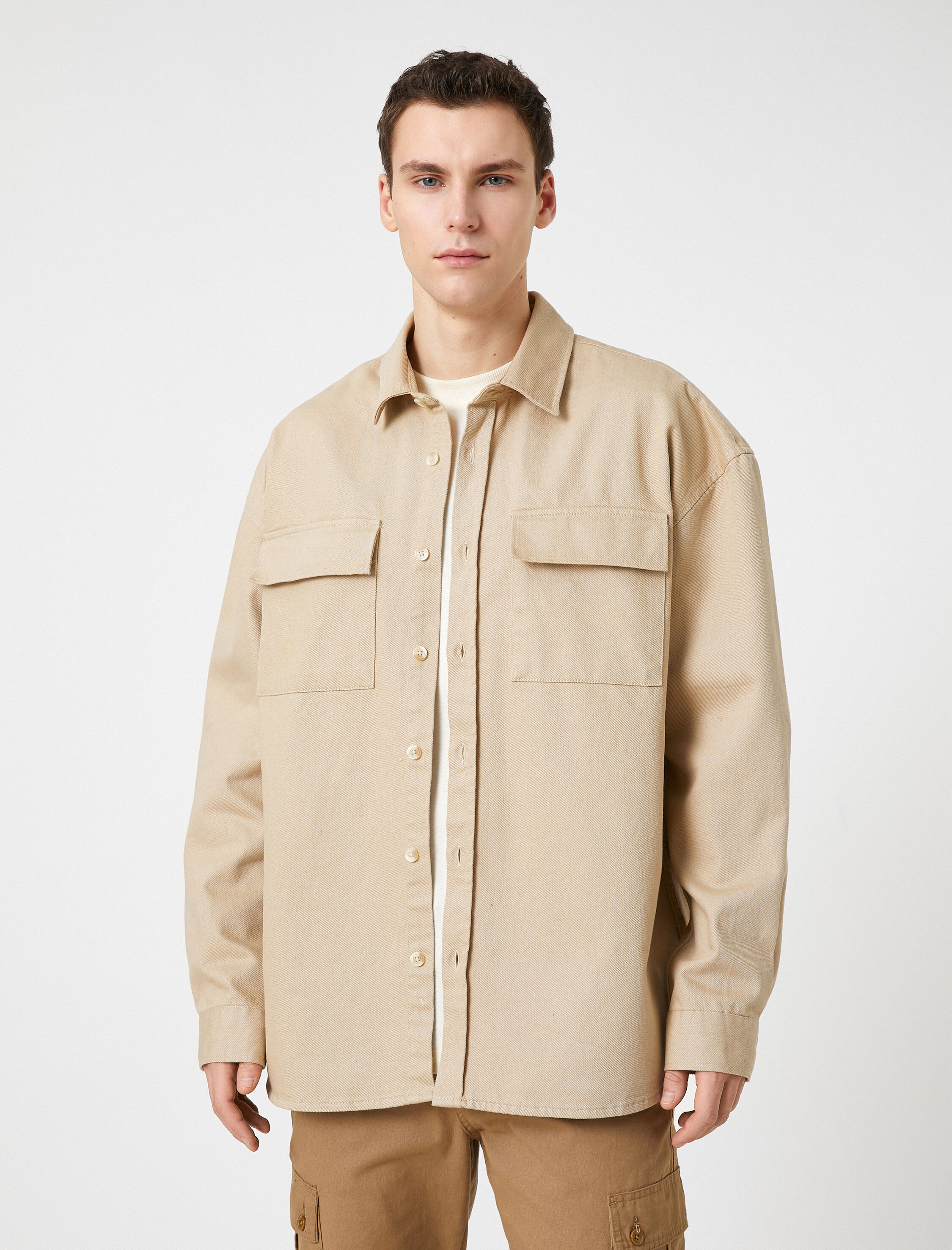 Oversize Kanvas Gömlek Slogan Baskılı Pamuklu Klasik Yaka Cep Detaylı