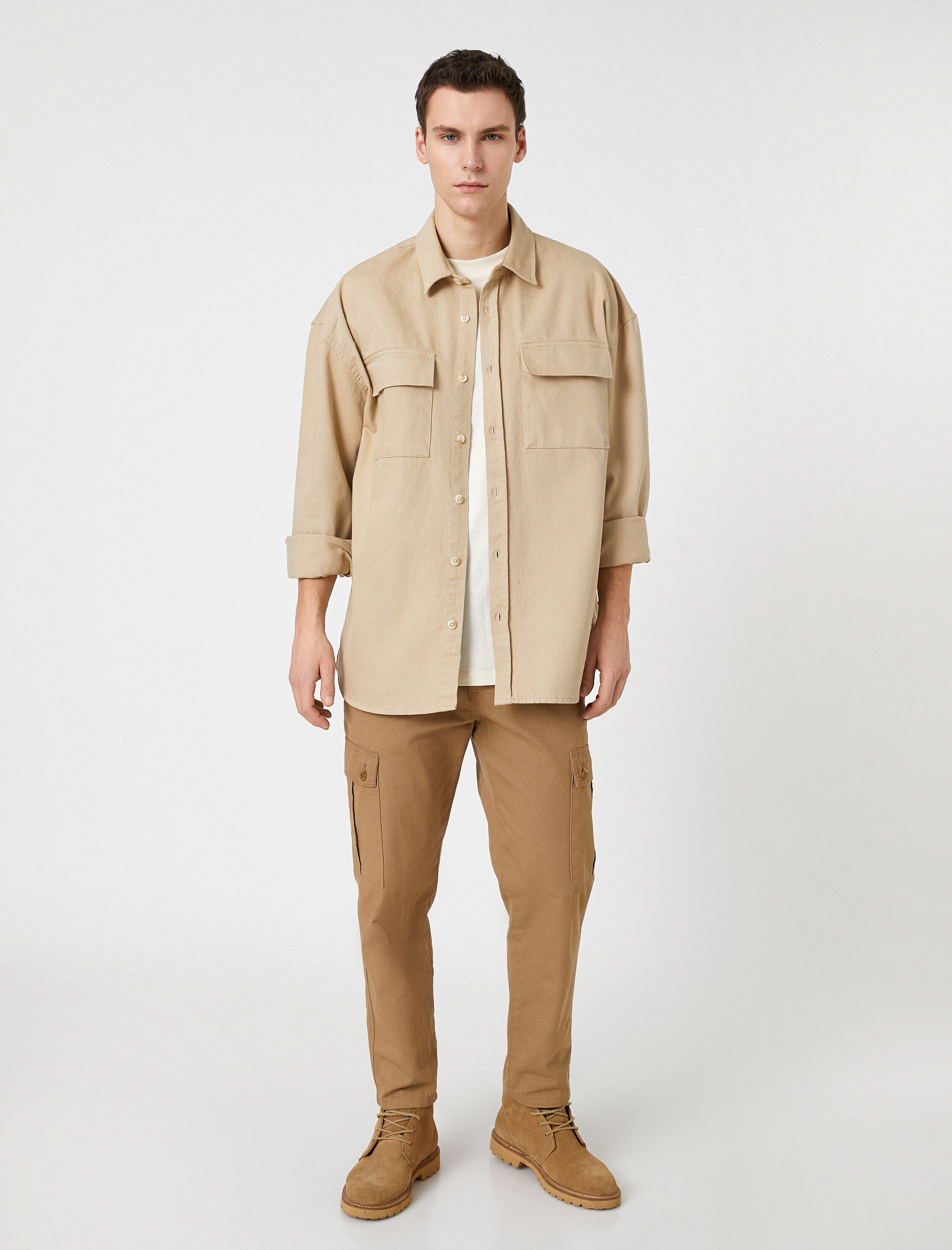 Oversize Kanvas Gömlek Slogan Baskılı Pamuklu Klasik Yaka Cep Detaylı