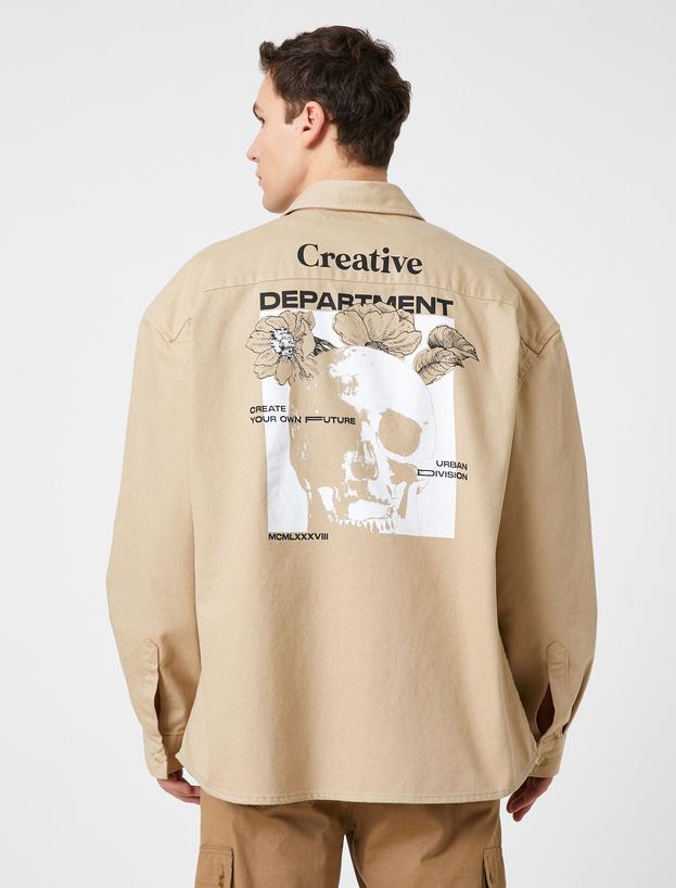   Oversize Kanvas Gömlek Slogan Baskılı Pamuklu Klasik Yaka Cep Detaylı