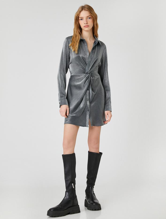  Mini Elbise Önü Düğümlü Jakarlı Uzun Kollu Gömlek Yaka