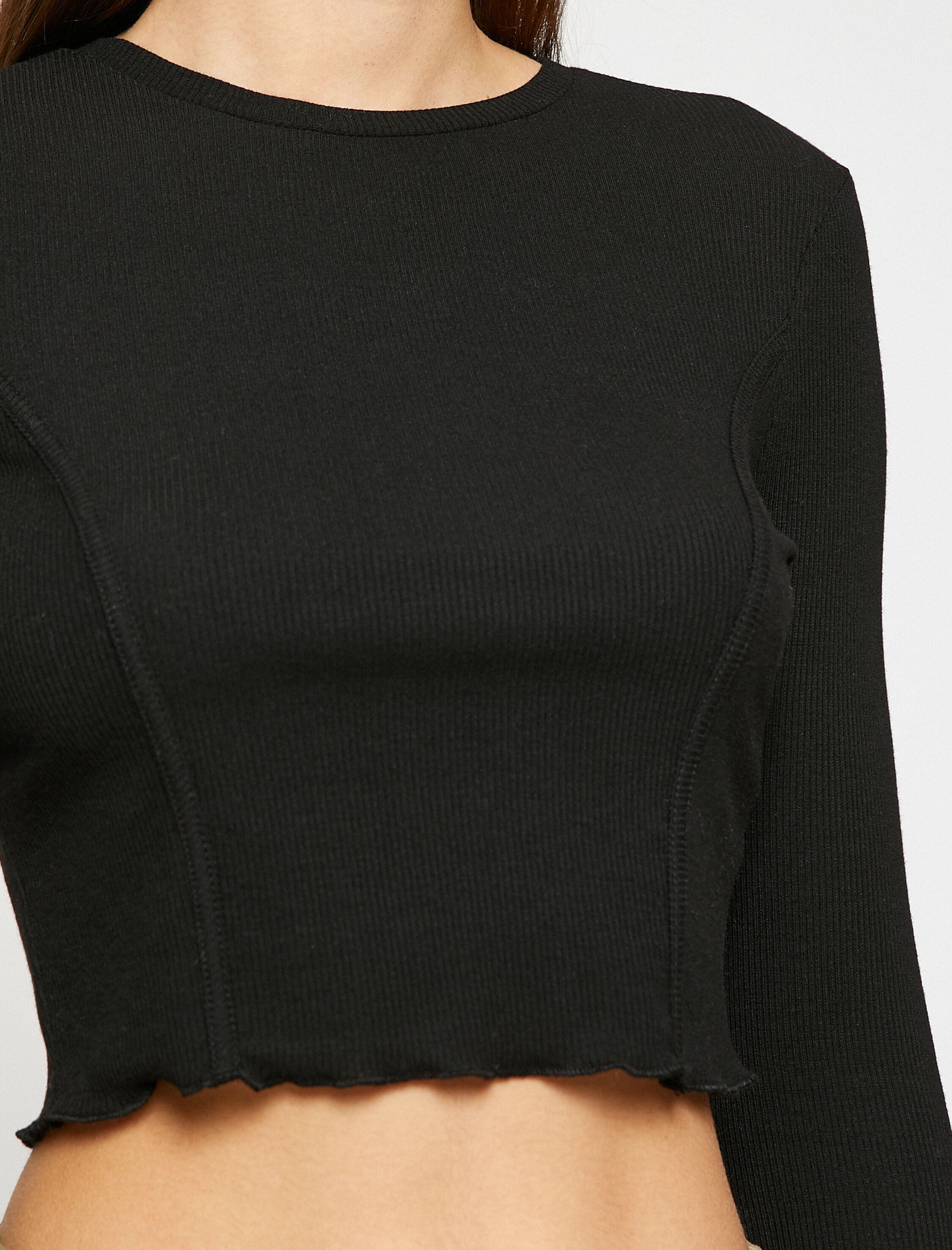   Uzun Kollu Tişört Crop Bisiklet Yaka Nervürlü Basic