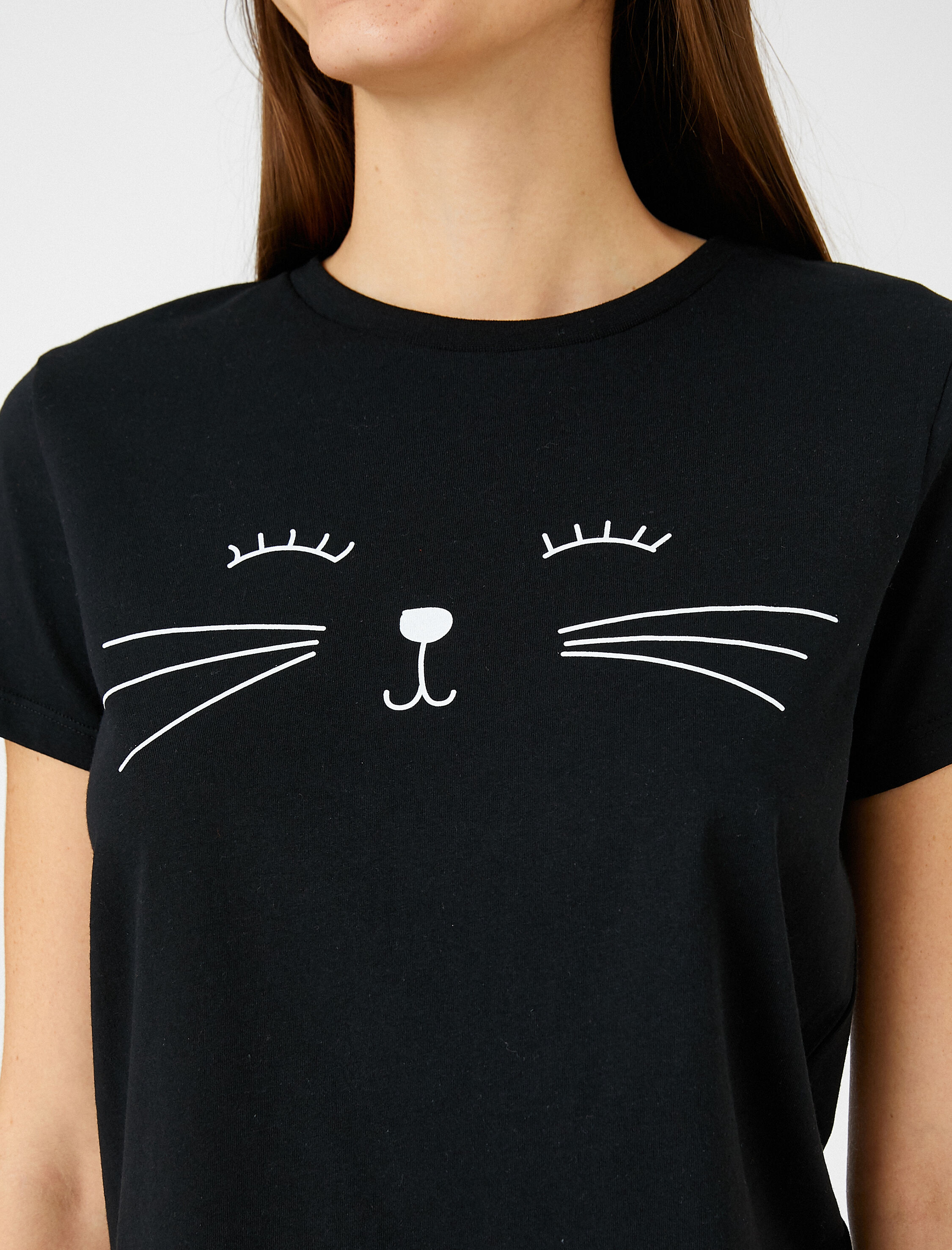   Bisiklet Yaka Tişört Kedi Baskılı Kısa Kollu