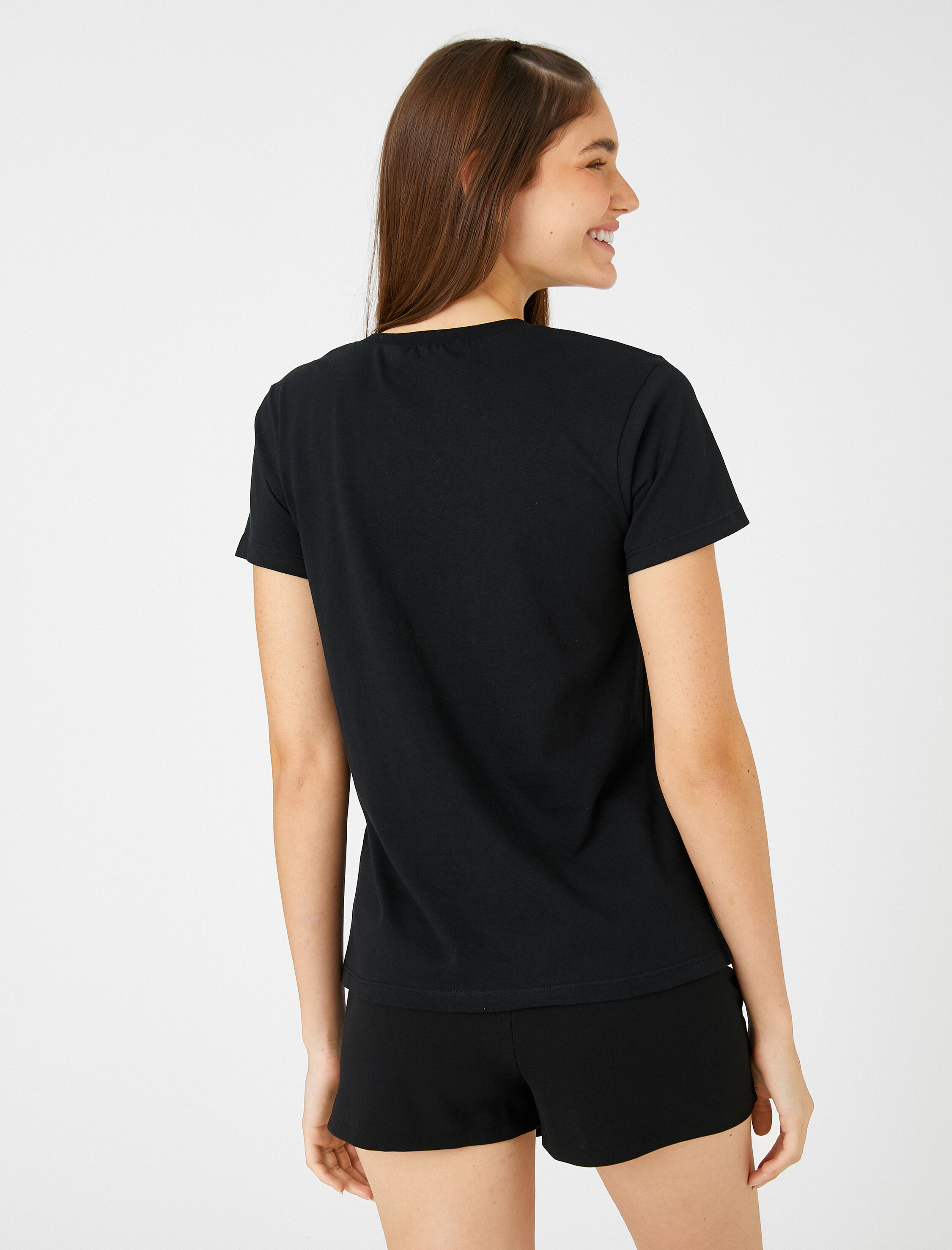   Bisiklet Yaka Tişört Kedi Baskılı Kısa Kollu