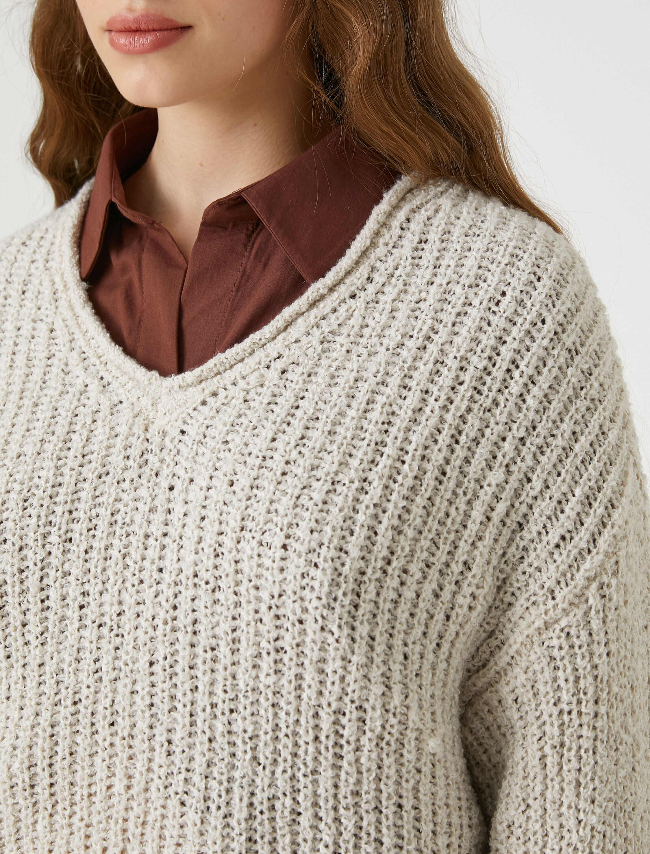   Örgü Triko Kazak V Yaka Uzun Kollu