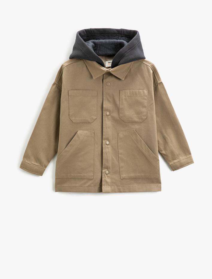 Erkek Çocuk Gömlek Ceket Kapşonlu  Oversize Cepli Arkası Baskılı Pamuklu