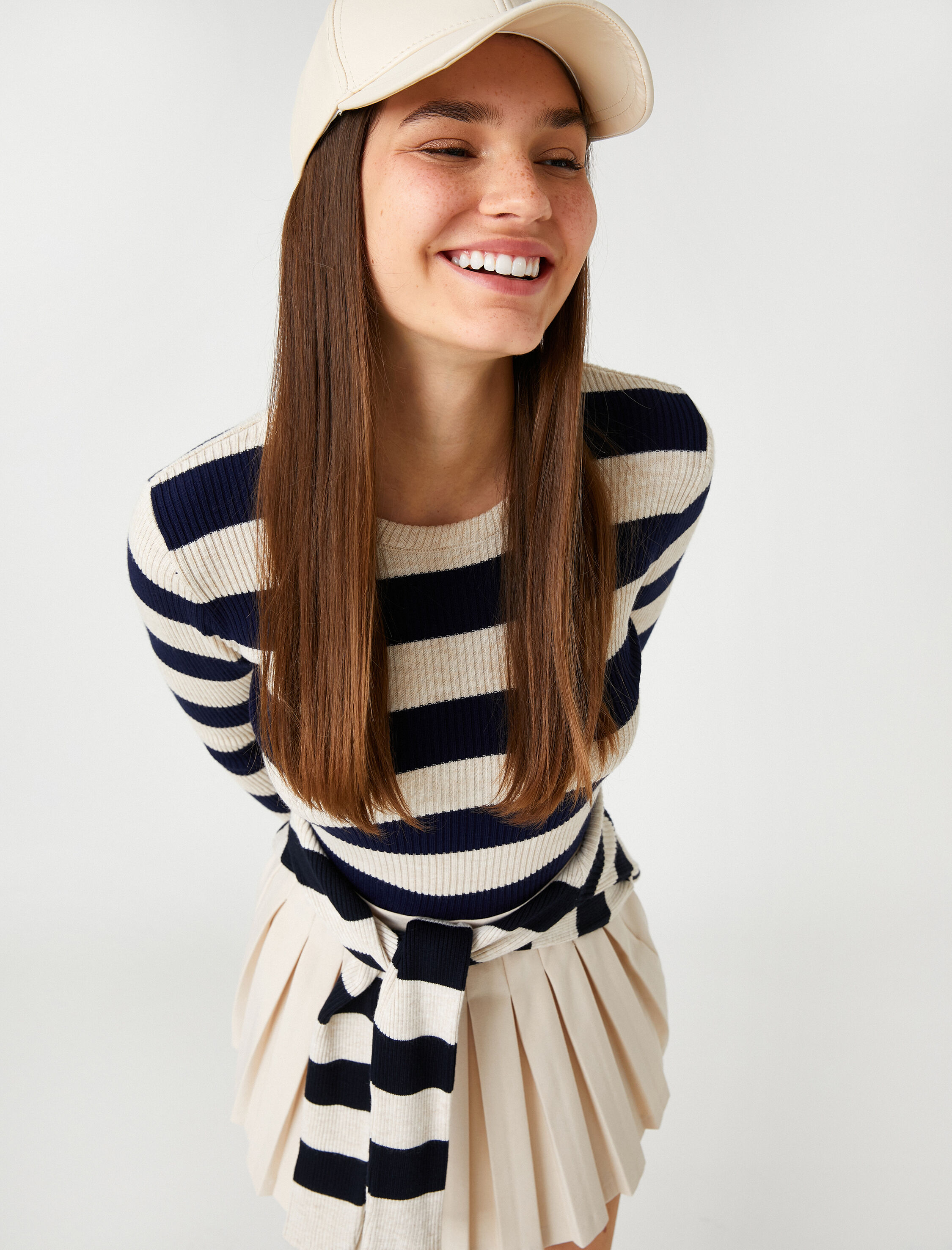   Crop Çizgili Triko Kazak Bisiklet Yaka Uzun Kollu Fitilli