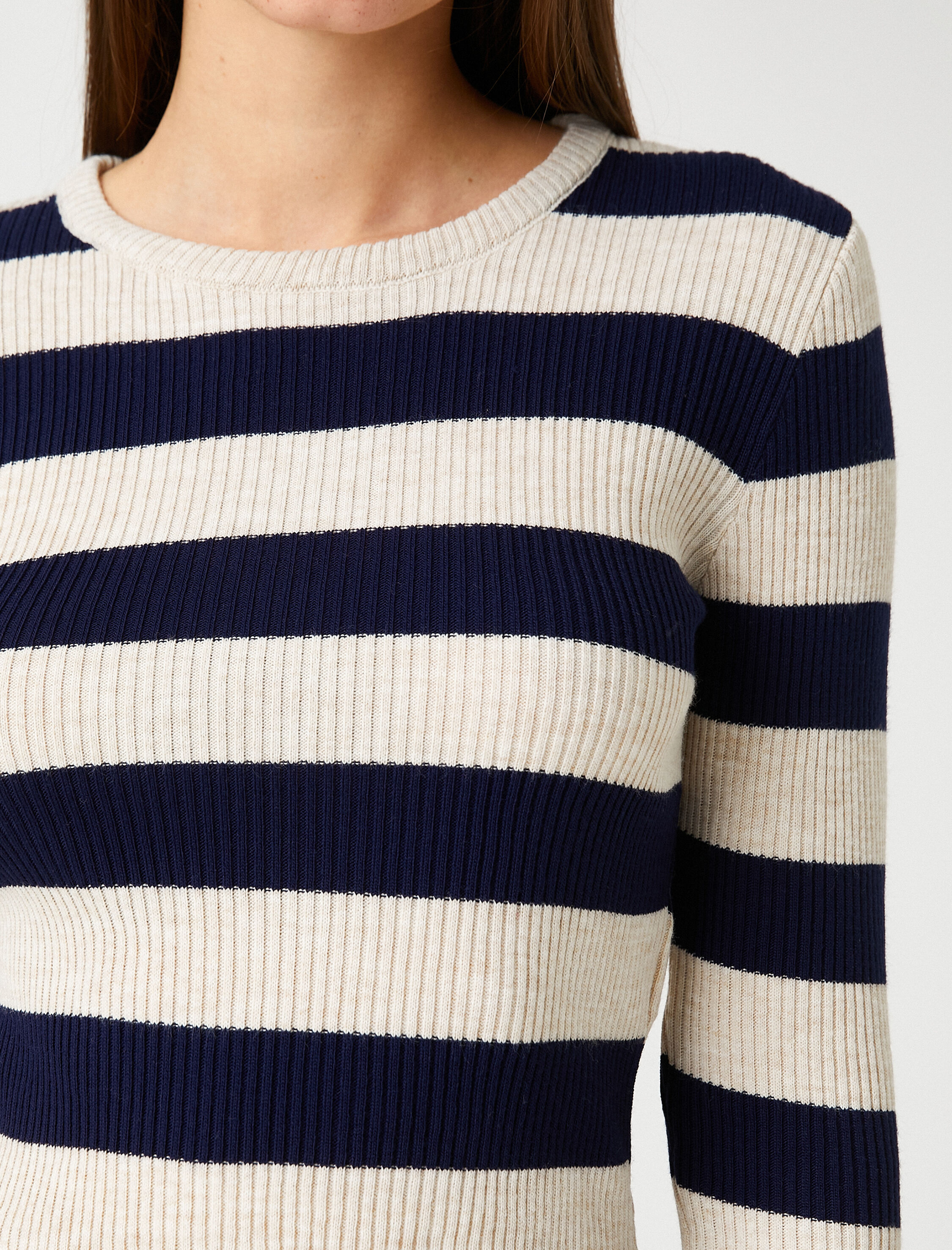   Crop Çizgili Triko Kazak Bisiklet Yaka Uzun Kollu Fitilli