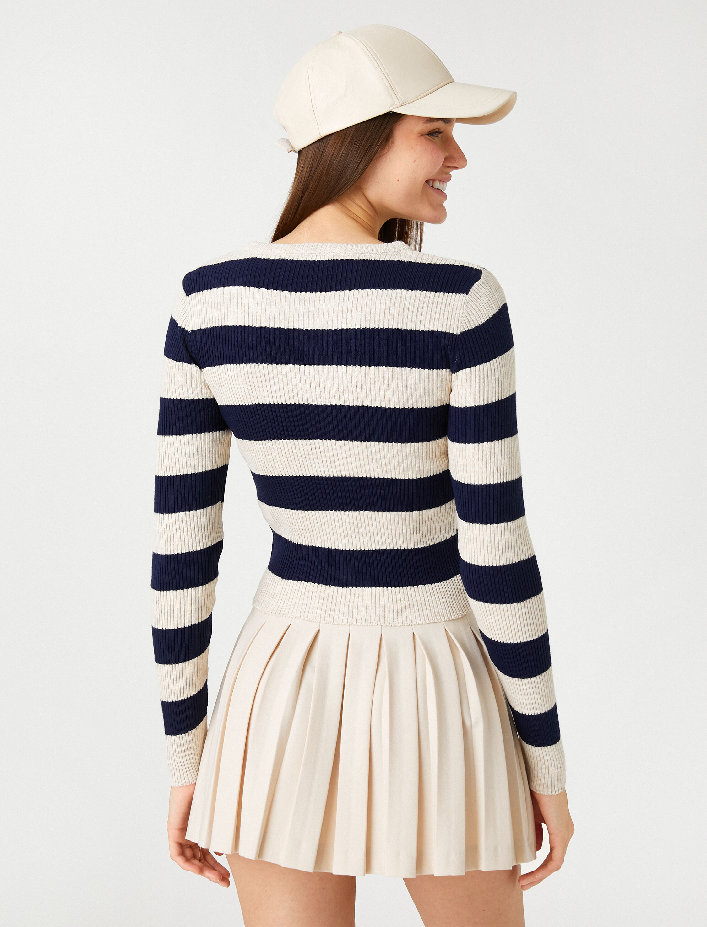   Crop Çizgili Triko Kazak Bisiklet Yaka Uzun Kollu Fitilli